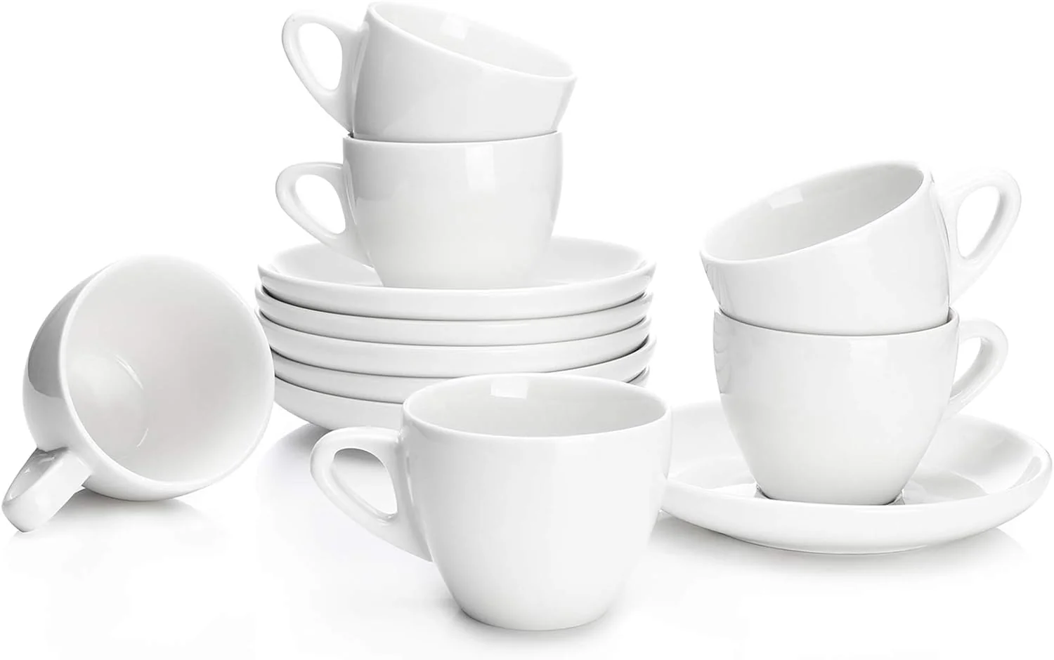 High-Quality Sweese 4oz Porcelain Espresso Cups with Saucers Set of 6 – I for Espresso Cappuccino Latte Tea – White Solid