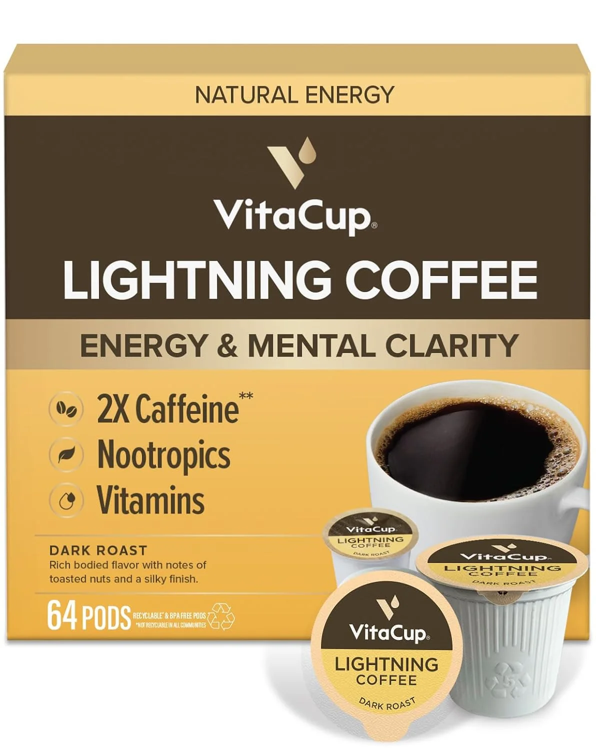 Practical VitaCup Lightning 2X Caffeine Dark Roast Coffee Pods 64ct D3 Clean