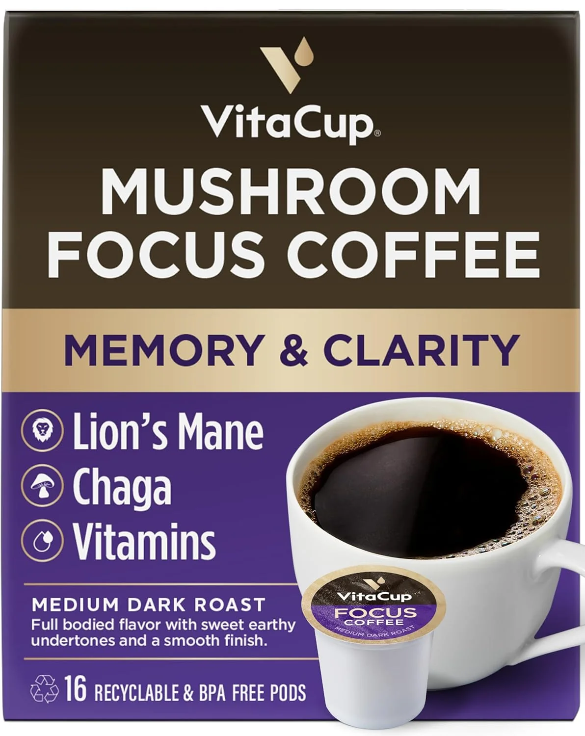 Carefully Designed VitaCup Mushroom Coffee Pods – Boost Focus Immunity with Lions Mane Chaga Vitamins for Memory Clarity Recyclable K-Cup Pods 16 Ct Solid