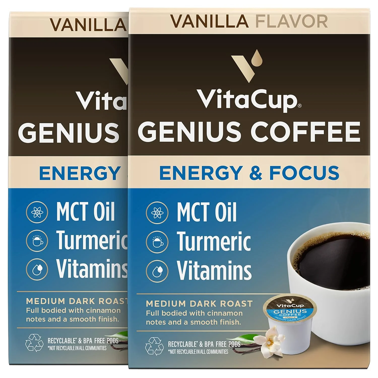 Natural VitaCup Genius Vanilla Keto Coffee Pods with MCT Oil 32ct B Vitamins D3 Turmeric Comfortable