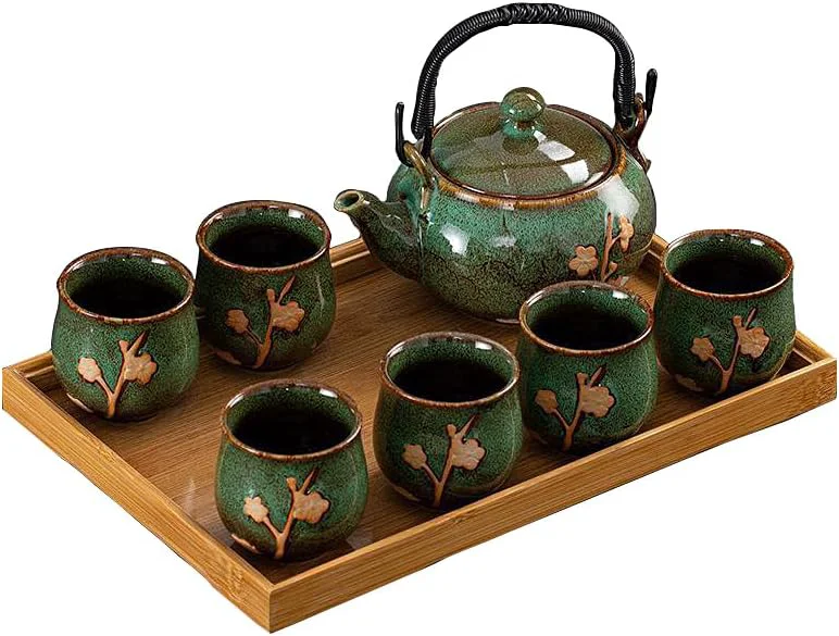 Exclusive Keyduacu Japanese Tea Set Kiln-Formed Ceramic Tea Set Plum Blossom Embossed Includes 1 Teapot 6 Teacups Tea Tray Strainer Used for home outdoor Specialty
