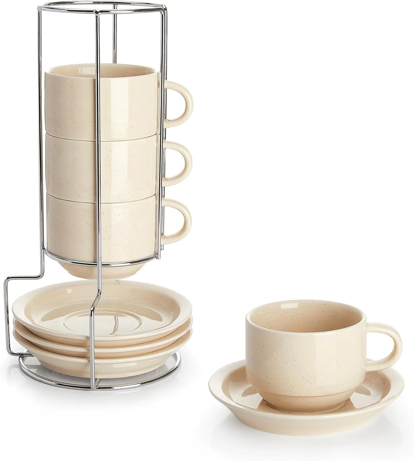 Fast Sweese 8oz Porcelain Cappuccino Cups Set with Saucers Metal Stand – Stackable Durable for Coffee Latte Tea – Beige 4 Pack High-Grade