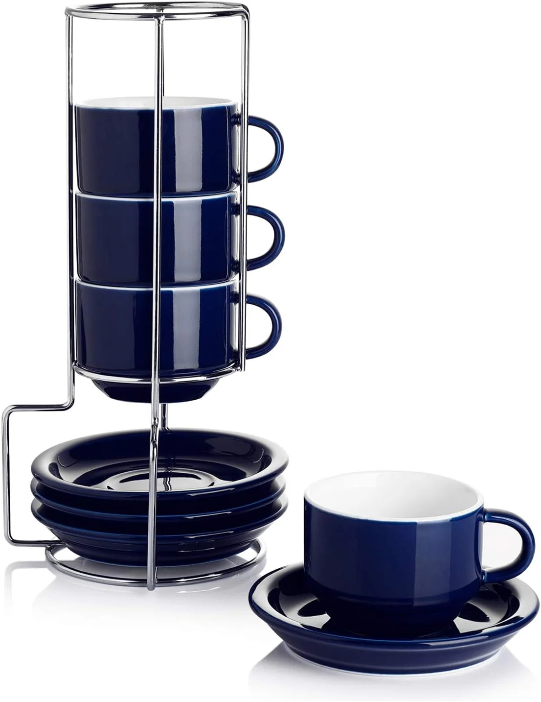Relaxed Sweese 2.5 Ounce Porcelain Stackable Espresso Cups with Saucers and Metal Stand Set of 4 Navy Practical