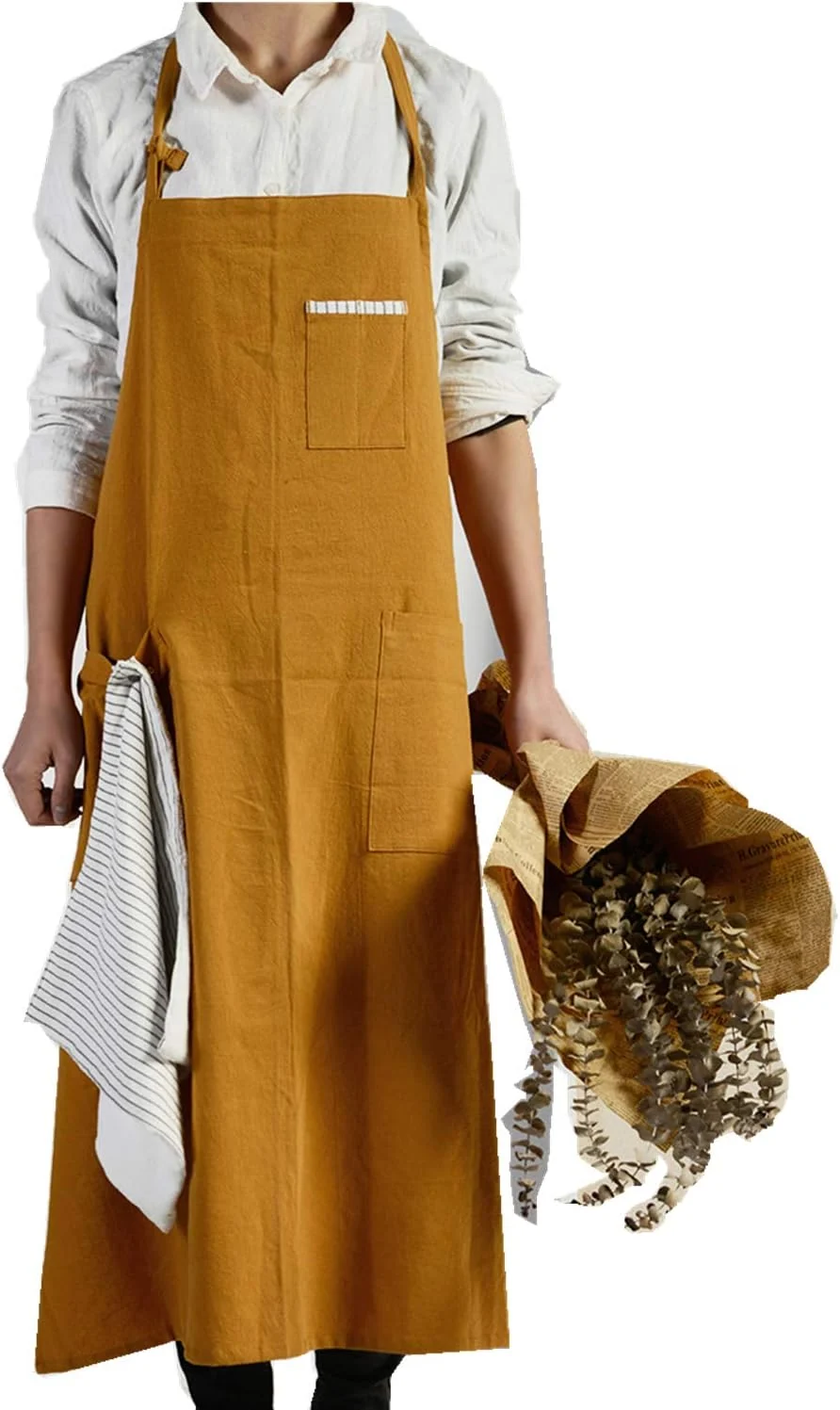 Top-Quality Adjustable Japan Nordic Style Soft Cotton Linen Apron with Four Pockets A Towel High-Quality