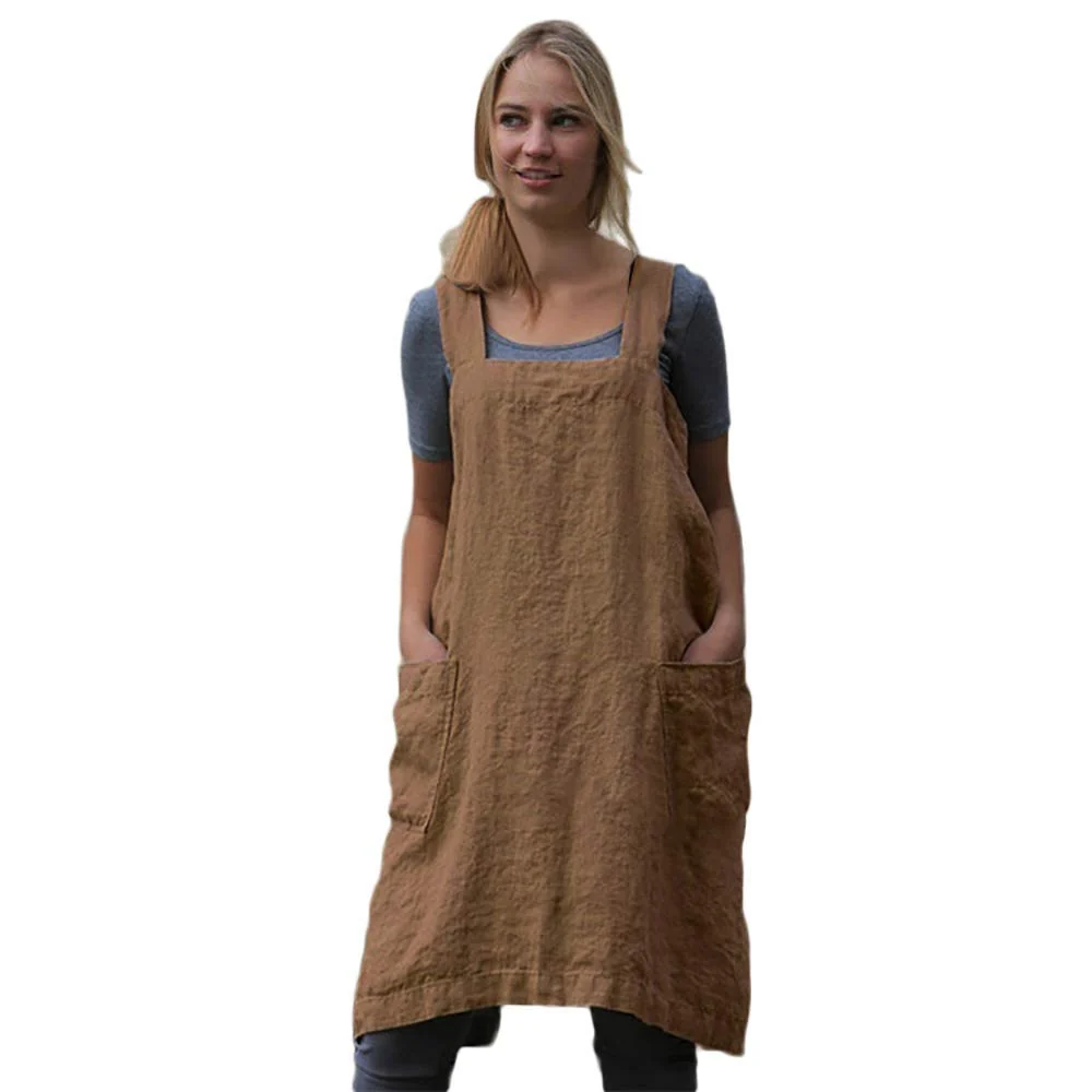 Effective Women’s Pinafore Square Apron Baking Cooking Gardening Works Cross Back Cotton Linen Blend Dress with 2 Pockets Verified