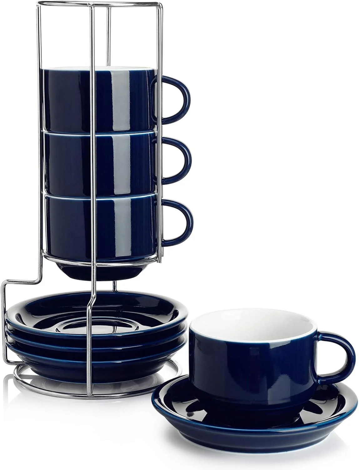 Original Sweese 8 Ounce Porcelain Stackable Cappuccino Cups with Saucers and Metal Stand – for Specialty Coffee Drinks Cappuccino Latte Americano and Tea First-Class