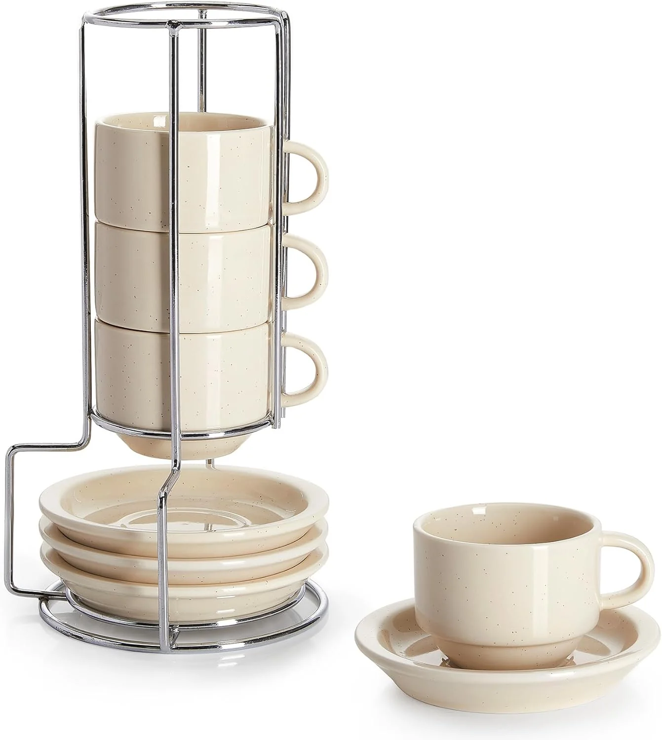 Detailed Sweese Porcelain Espresso Cups Set 2.5 oz Stackable with Saucers Metal Stand Beige 4 Pack Long-Lasting