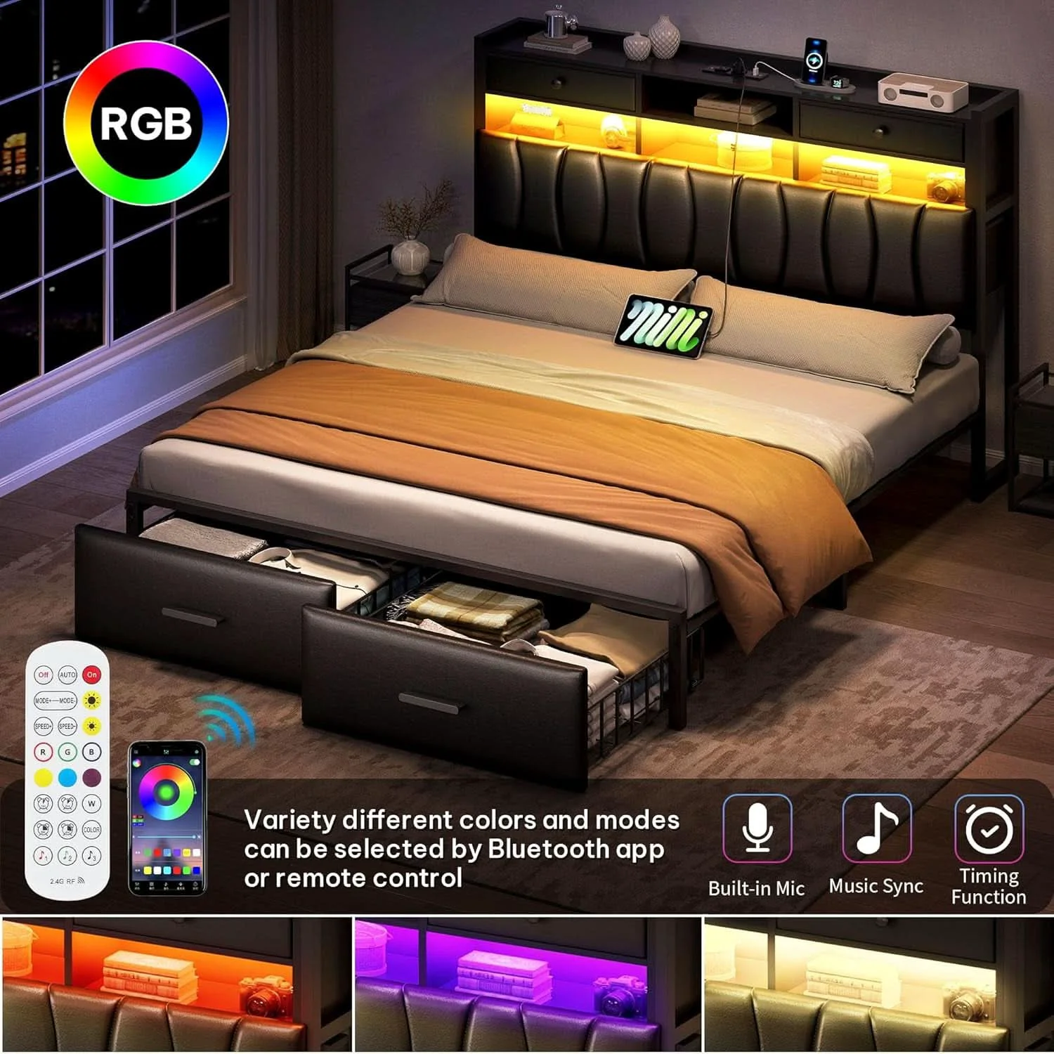Exclusive Full Size Upholstered Bed With Integrated Charging Reusable