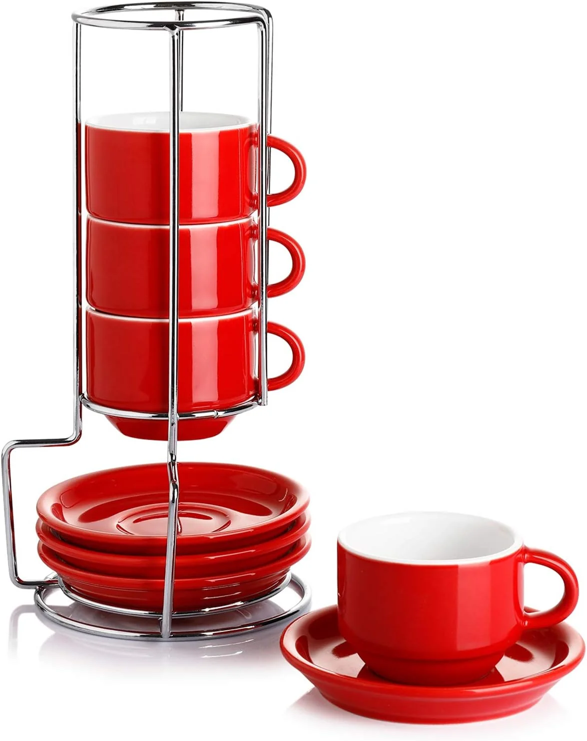 World-Class Sweese 4 Ounce Porcelain Stackable Espresso Cups with Saucers and Metal Stand Set of 4 Red Proven
