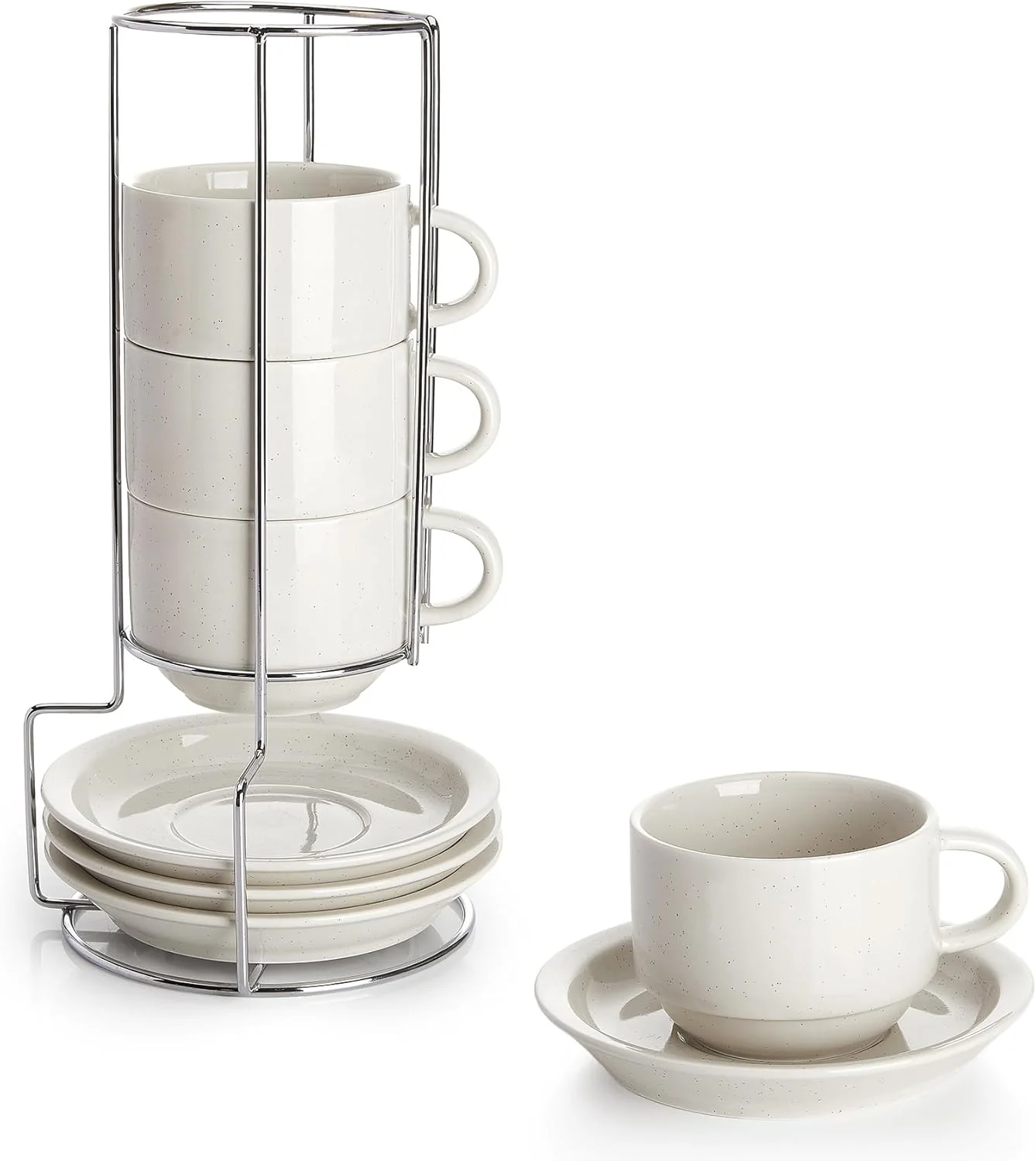 World-Class Sweese Porcelain Cappuccino Cups Set – 8 oz Stackable Coffee Mugs with Saucers Metal Stand Dove Grey Set of 4 Casual