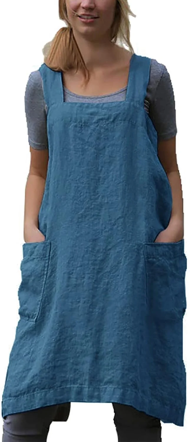 Unique Yesdood Apron for Womens Cotton Linen Apron Cross Back with Pockets Pinafore Dress for Baking Cooking Green