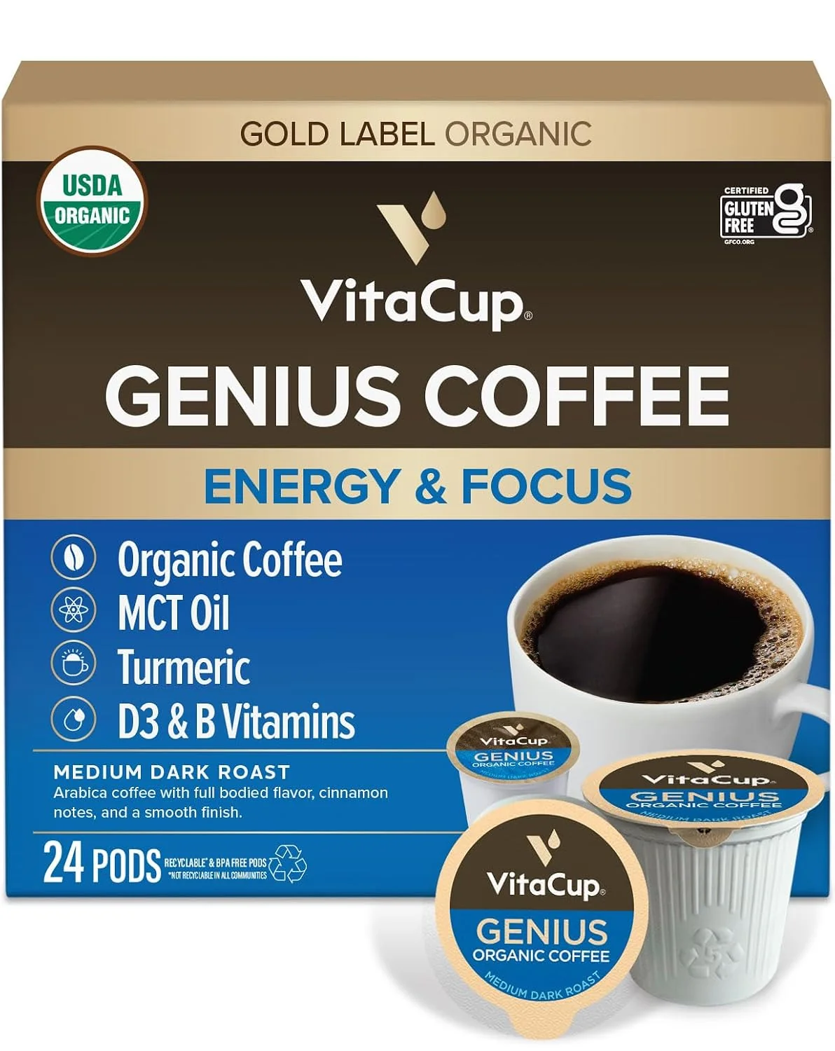 Casual VitaCup Organic Genius Keto Medium Dark Roast Coffee Pods 24ct B Vitamins D3 MCT Oil Turmeric Powerful
