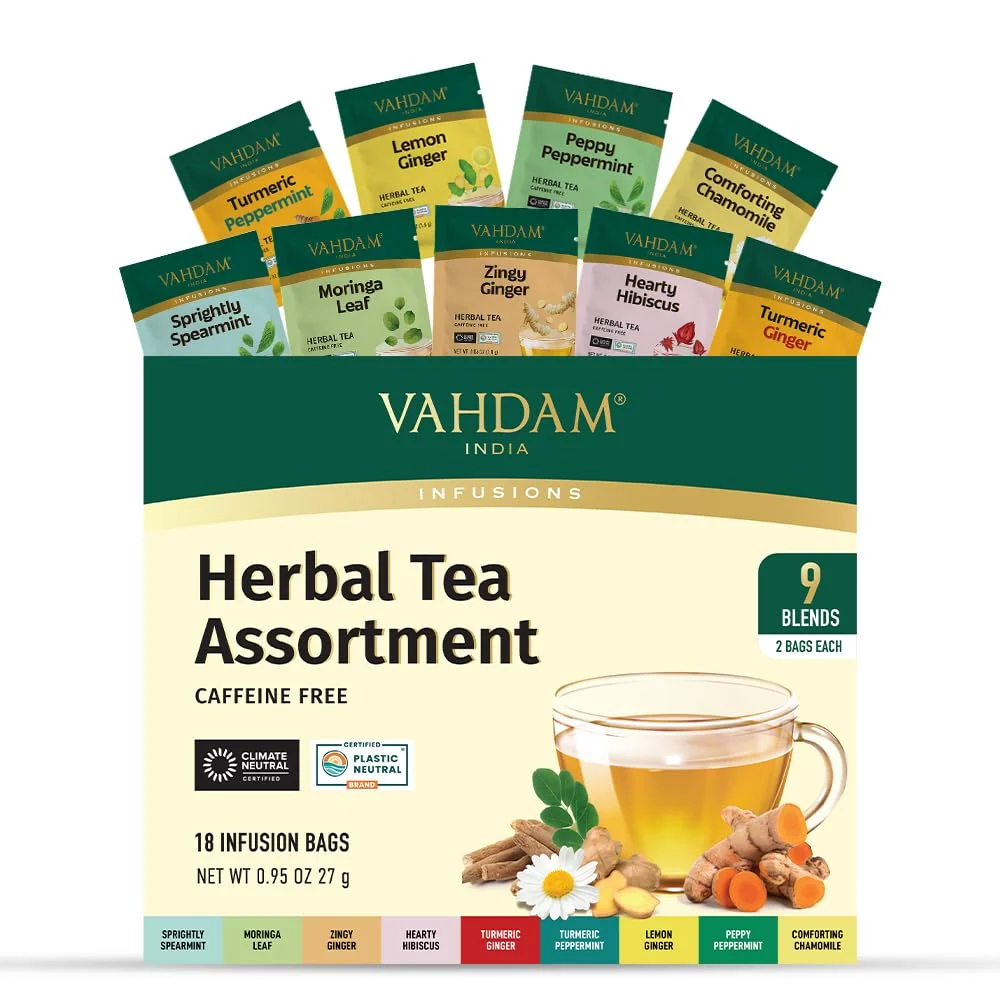 Classic Vahdam Assorted Herbal Tea Sampler 18 Tea Bags 9 Flavors Caffeine- Non-GMO Double Infusion Individually Enveloped Tea Bags Effective