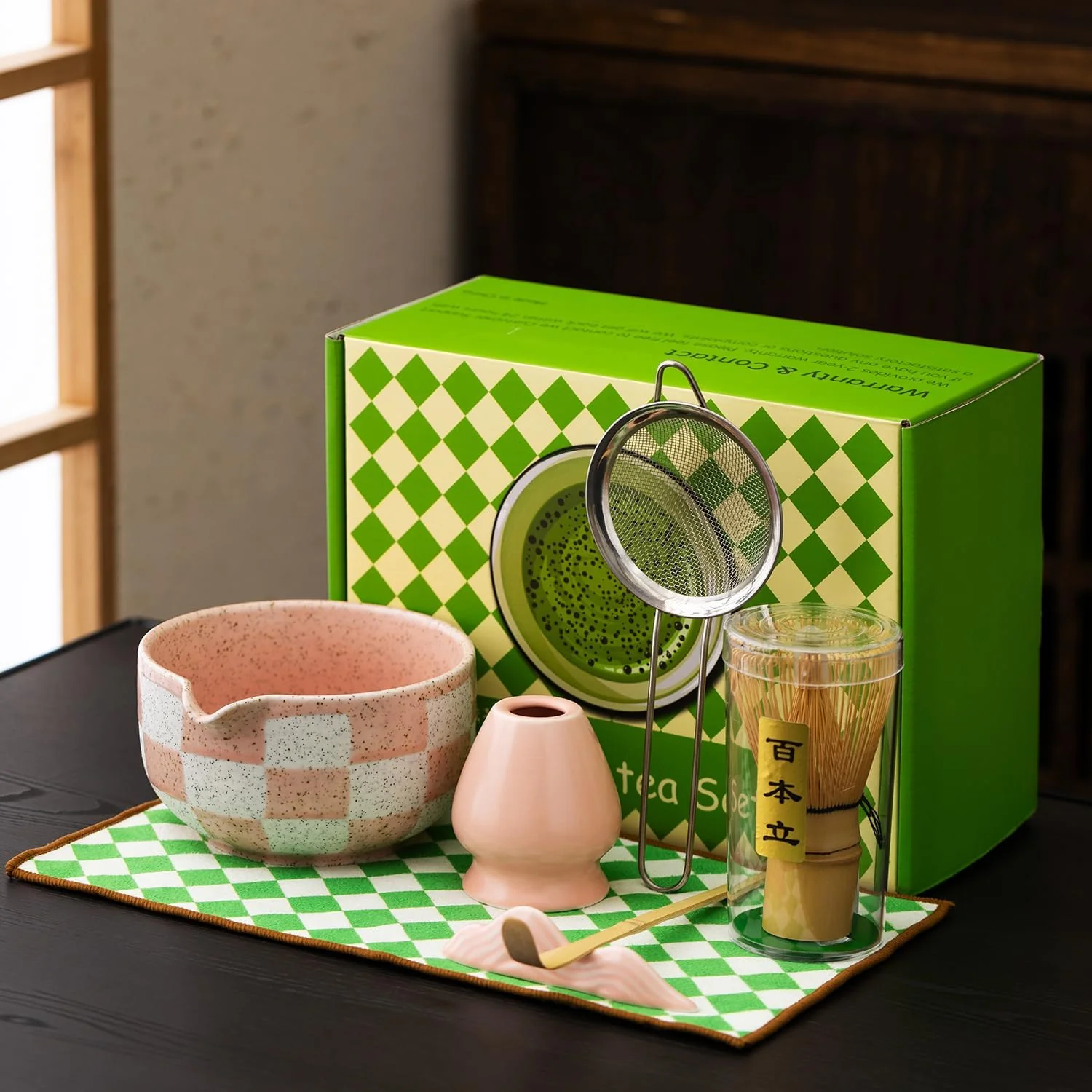 Carefully Designed Premium 7-Piece Matcha Tea Set – Traditional Japanese Style with Elegant Grid Pattern Includes Bamboo Whisk Ceramic Bowl Scoop More Environmentally Friendly
