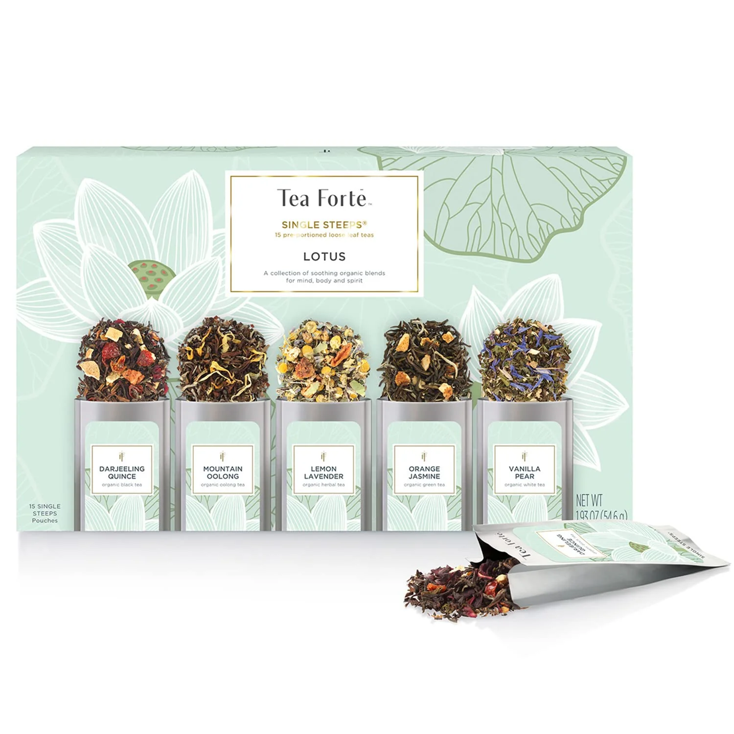 Fast Tea Forte Lotus Single Steeps Loose Leaf Premium Tea Gift Set Sampler 15 Count 3 of Each Assorted Blends Pre-Portioned Single Serve Pouches Effective