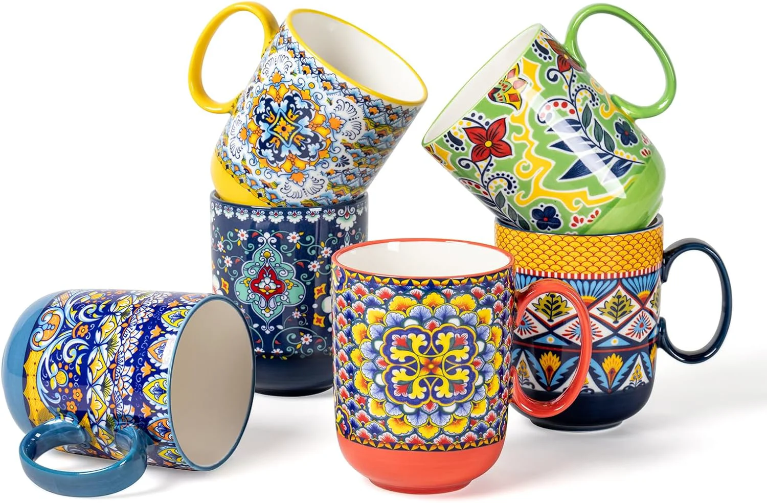 Convenient Henxfen Lead Coffee Mugs Set 14 Ounce – Multicolor Porcelain Cups for Latte Hot Tea Cappuccino Cocoa Soup Dishwasher Microwave Safe Top-Quality