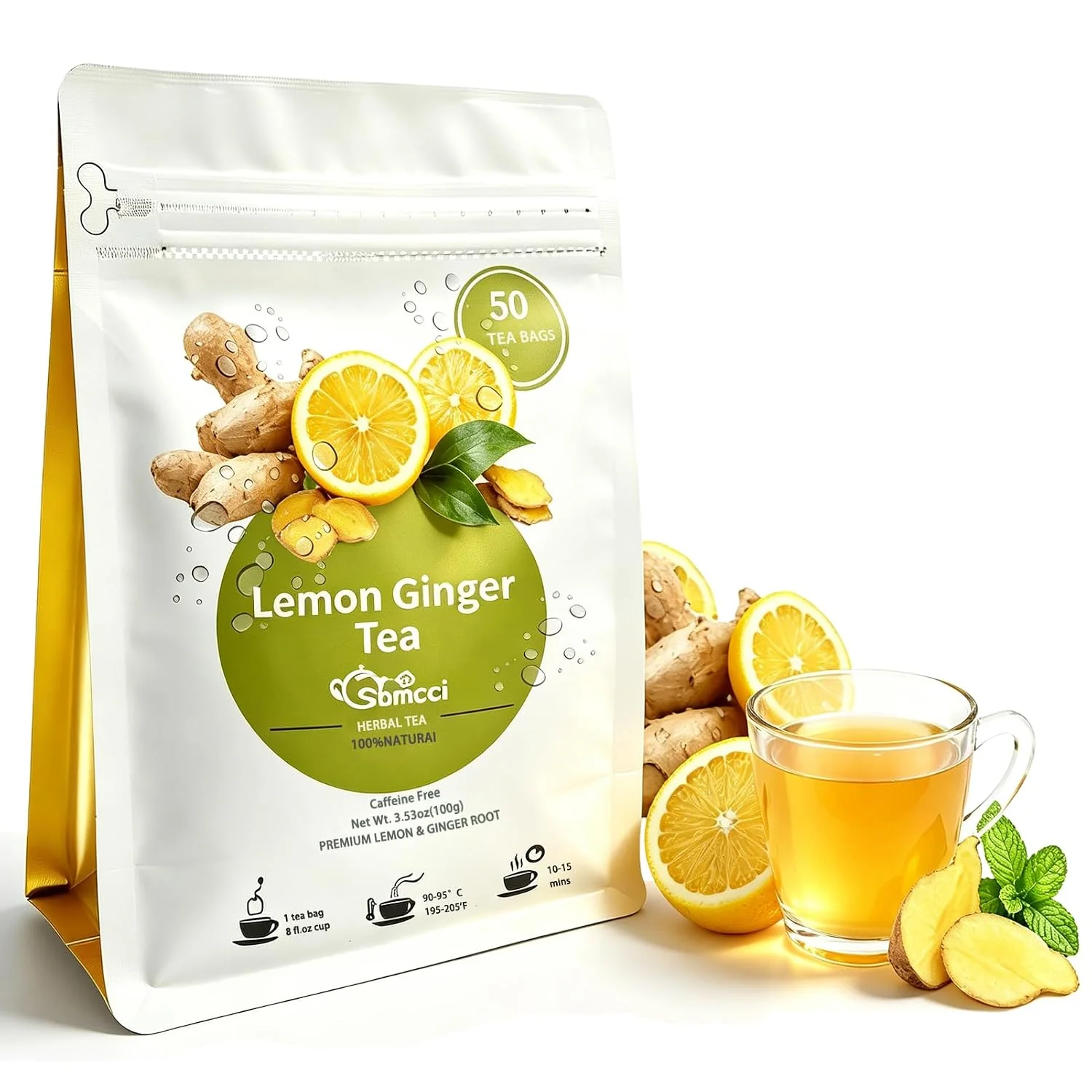 Carefully Designed Samcci Lemon Ginger Tea Bags 50 Counts Non-GMO Caffeine- te de Jengibrey Limon Pleasantly Spicy amp Warming Support Digestion amp Boost Immunity No Additives Resealable Pouch Reusable