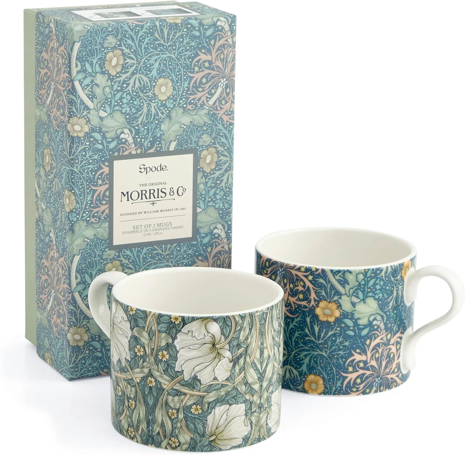 Breathable Spode Morris Co 12oz Mug Set of 2 – Porcelain Drinkware for Tea or Coffee Microwave Dishwasher Safe Cups for Kitchen Shelf Display or Home Minimalist