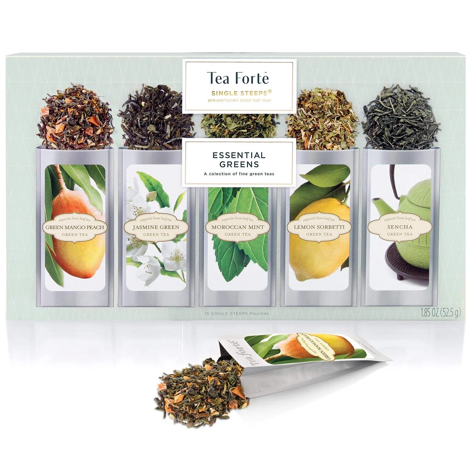Environmentally Friendly Tea Forte Green Tea Assortment Single Steeps Loose Leaf Premium Tea Gift Set Sampler 15 Count 3 of Each Assorted Blends Clean