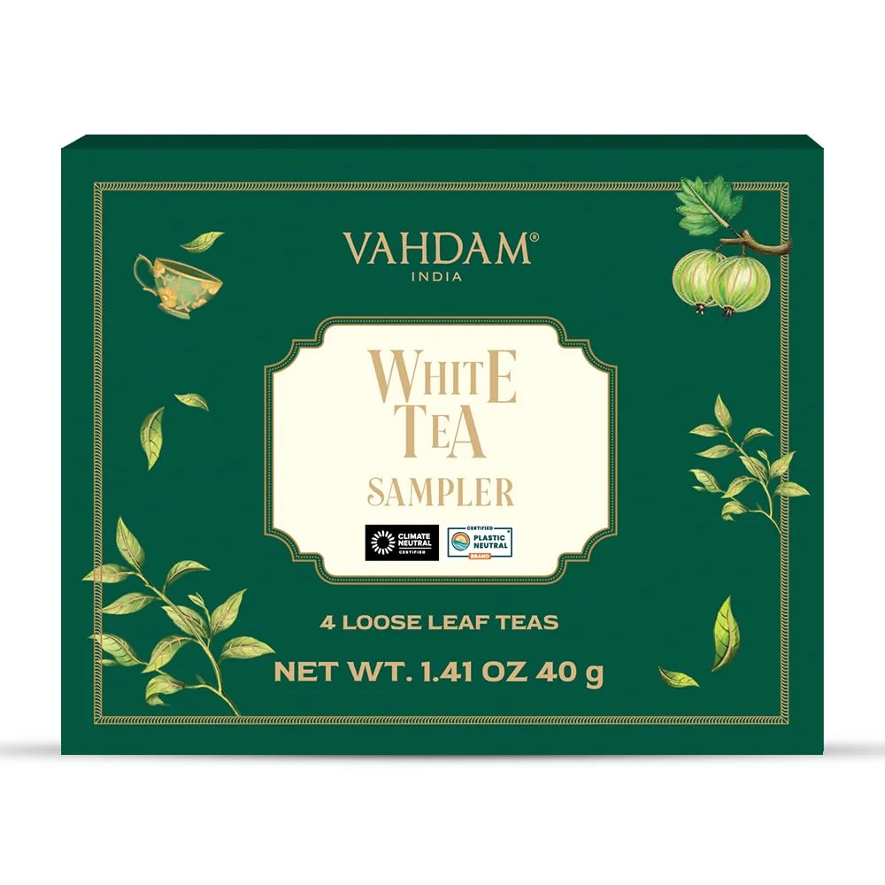 Healthy Vahdam Assorted White Tea Sampler Gift Set Gluten Non GMO – 4 Unblended White Loose Leaf Tea Sampler Tea Variety Pack Tea Gift Set Functional