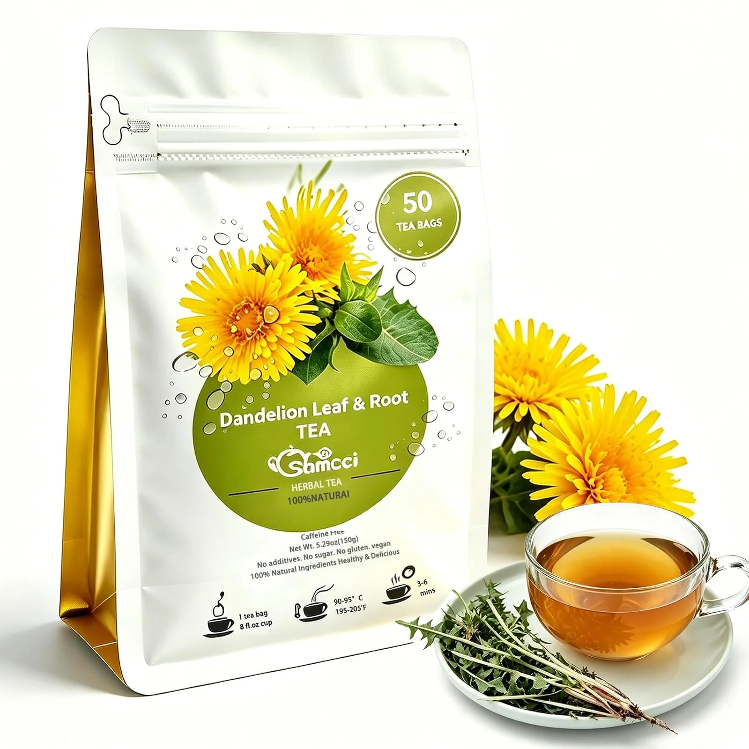 Trendy Samcci – Dandelion Leaf amp Root Tea Bags 50 Count Dandelion Herbal Tea Balanced herbal blend tea for liver amp kidney health Caffeine- Vegan No Sugar Top-Quality