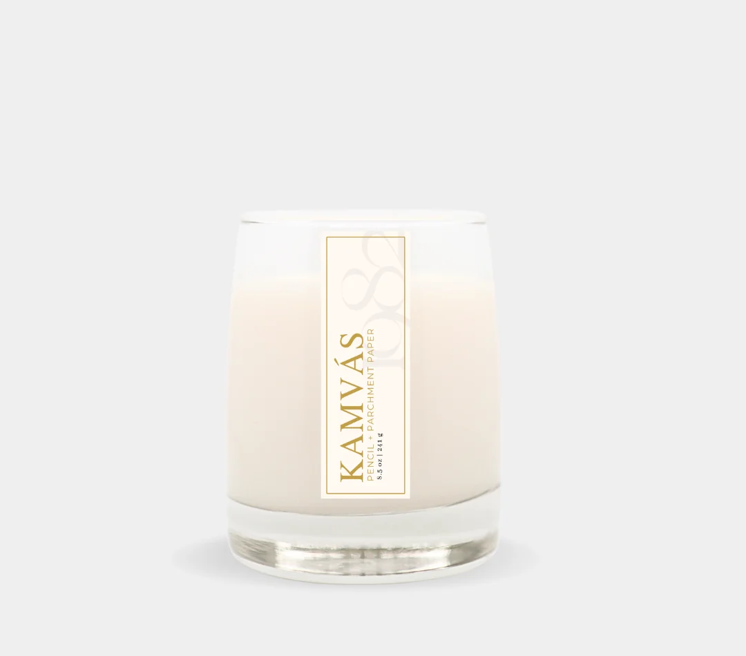 Unique Kamvas 8.5 oz Single Wick – Notes Pencil Parchment Paper Leather Peony Musk Genuine