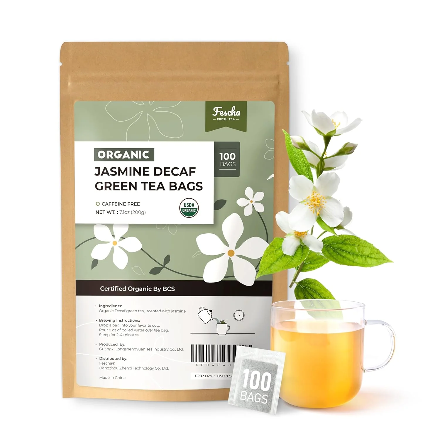 Recyclable Fescha Organic Decaf Jasmine Green Tea Bags Flower-scented Tea 100-count Eco-Conscious Tea Bags Packed by Resealable Kraft Bag Original
