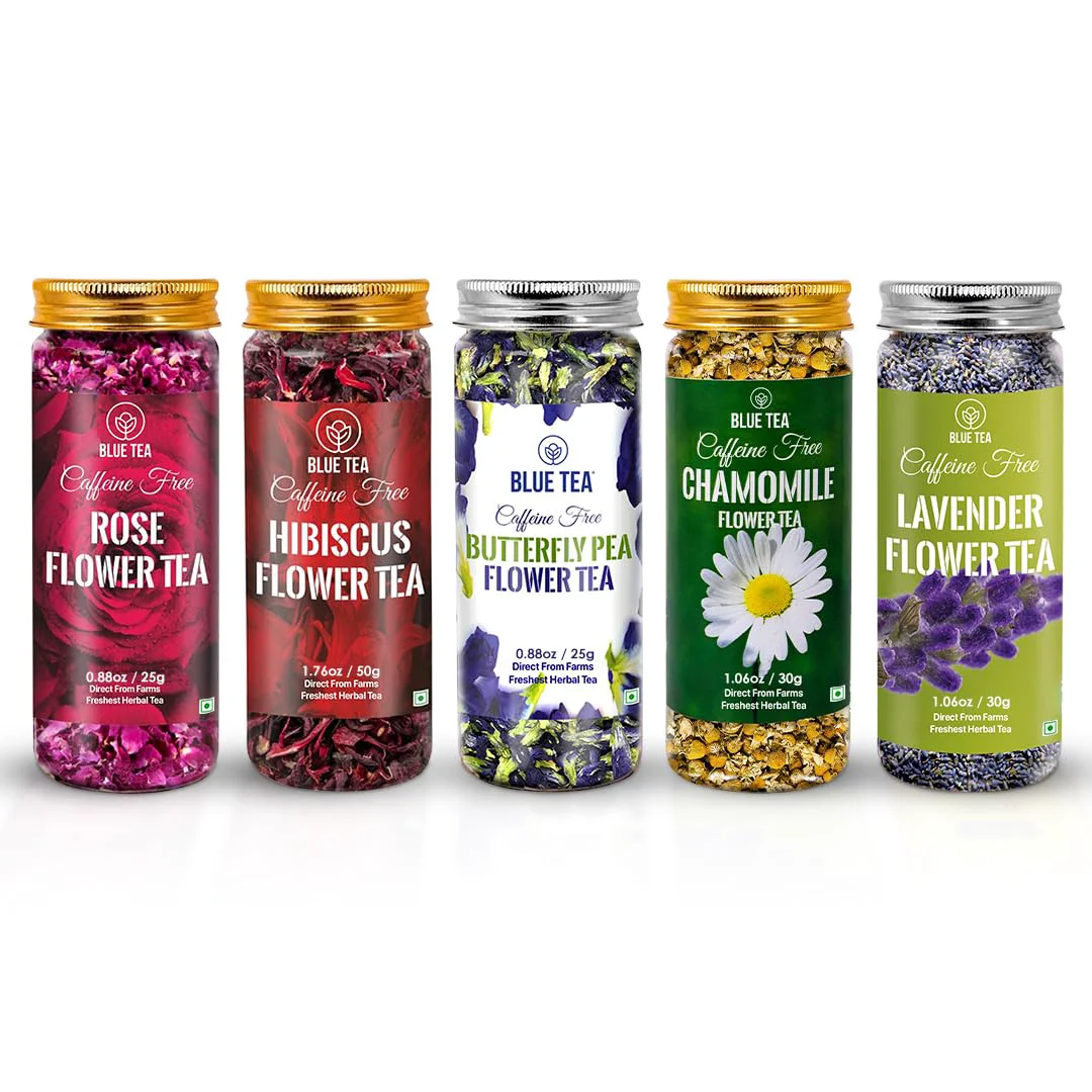 Artisan Blue TEA – Flower Tea Combo – 5.64 Oz Pack of 5 Butterfly Pea Rose Hibiscus Chamomile Lavender Variety Pack Caffeine – Non-Bitter High-Grade