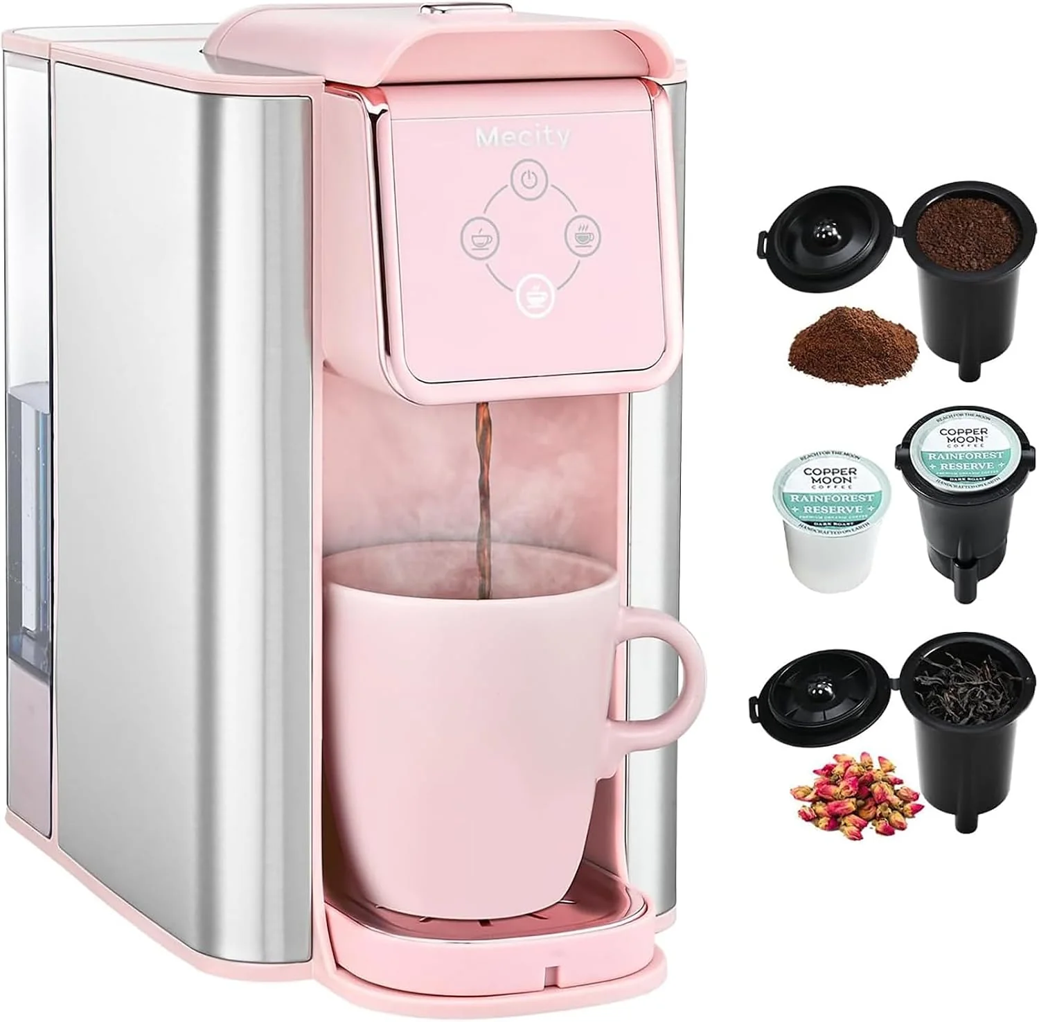 Organic Mecity Pink Coffee Maker 3-in-1 Single Serve Coffee Machine For Flat Bottom Coffee Capsule Ground Coffee 6 to 10 Ounce Cup Removable 50 Oz Water Reservoir 120V 1150W Trusted