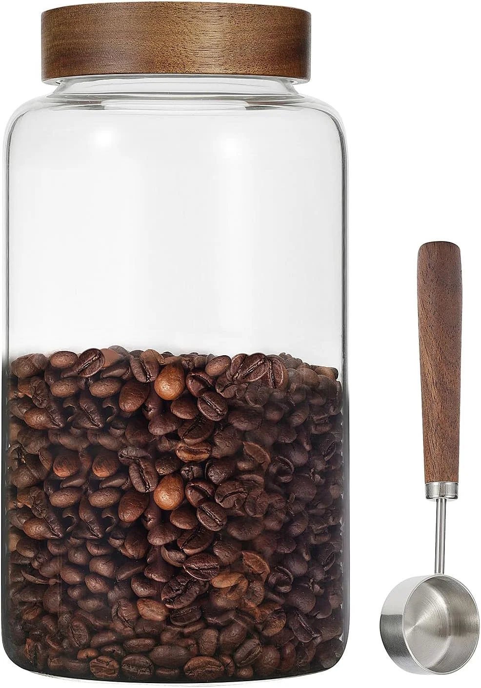 Unique Large Glass Coffee Jars with Spoon Round Storage Canister with Wooden Lid Clear Glass Food Jar for Pantry Sugar Tea Coffee Bean Spice Nuts Cookies Bath Salts 2300ml 77oz Innovative