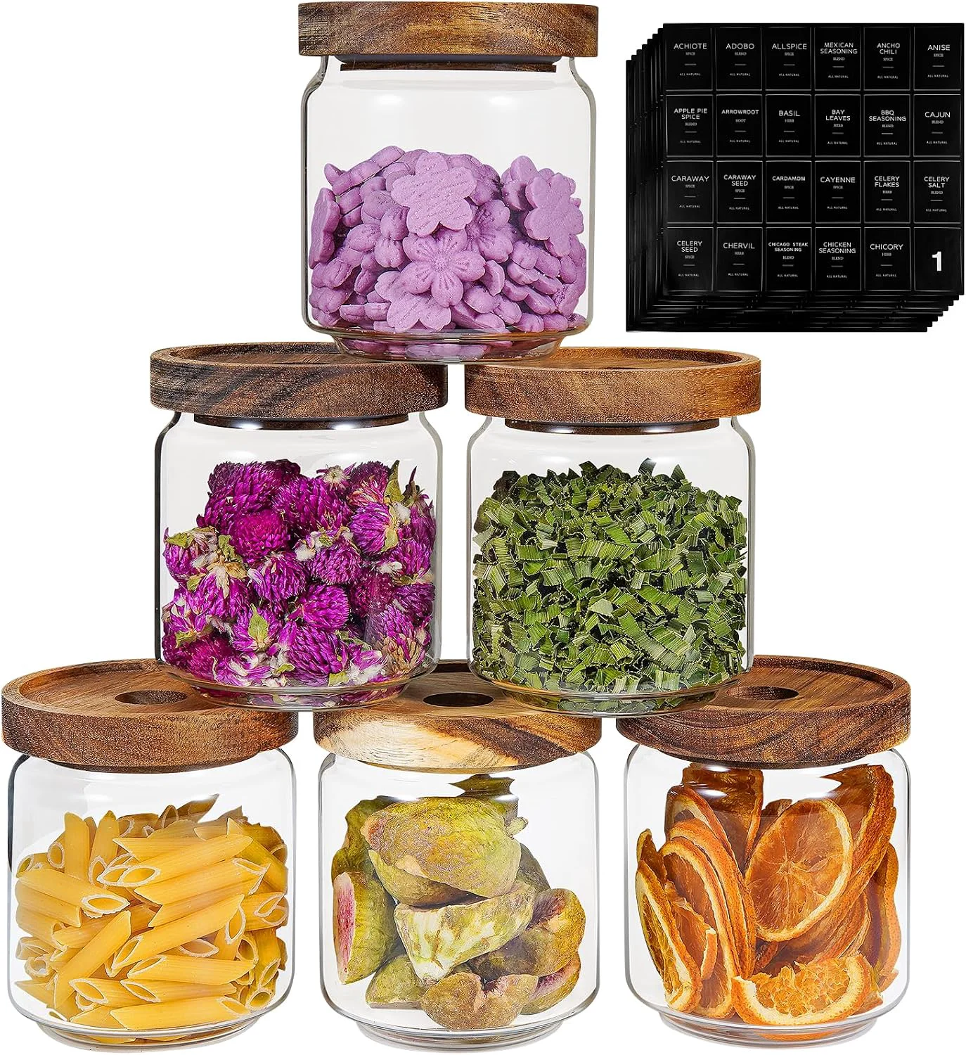 Easy-to-Use Small Glass Jars with Labels Spice Jar Round Storage Canister with Wooden Lid Clear Glass Food Jar for Pantry Sugar Tea Coffee Bean Spice Nuts Cookies Bath Salts 6 420ml 14oz Functional