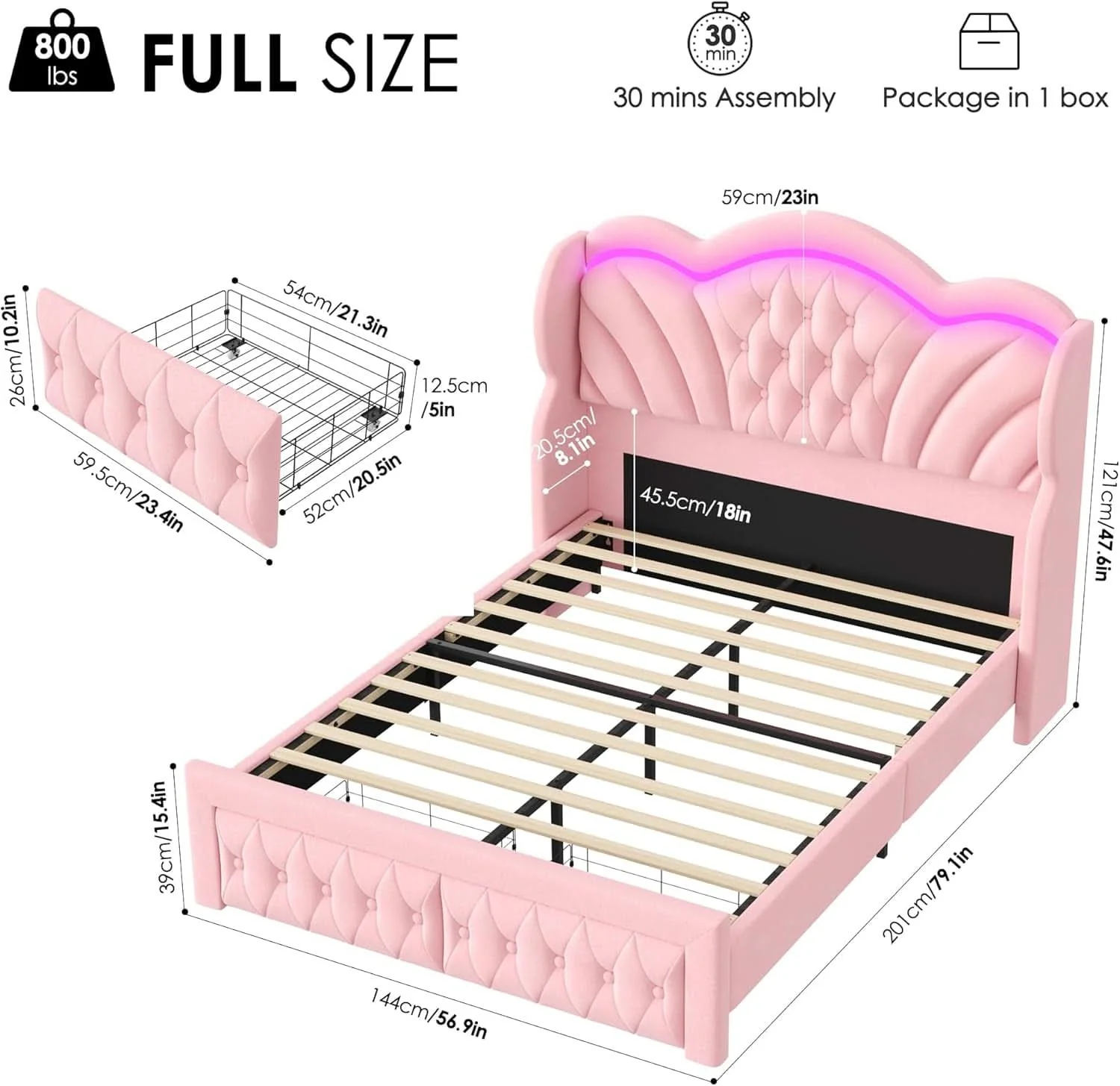 Detailed Pink Velvet Upholstered Platform Bed Frame With LEDs Easy-to-Use