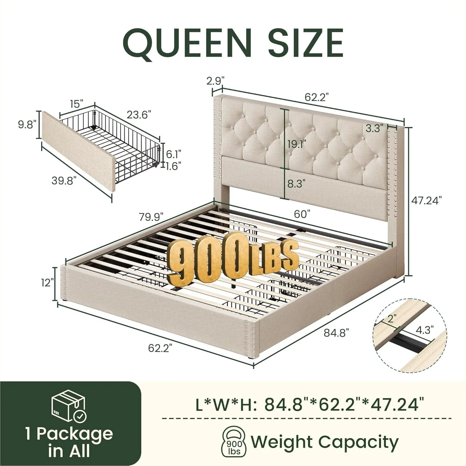 Smart Queen Bed Frame Beige Linen Upholstered Storage Drawers Convenient
