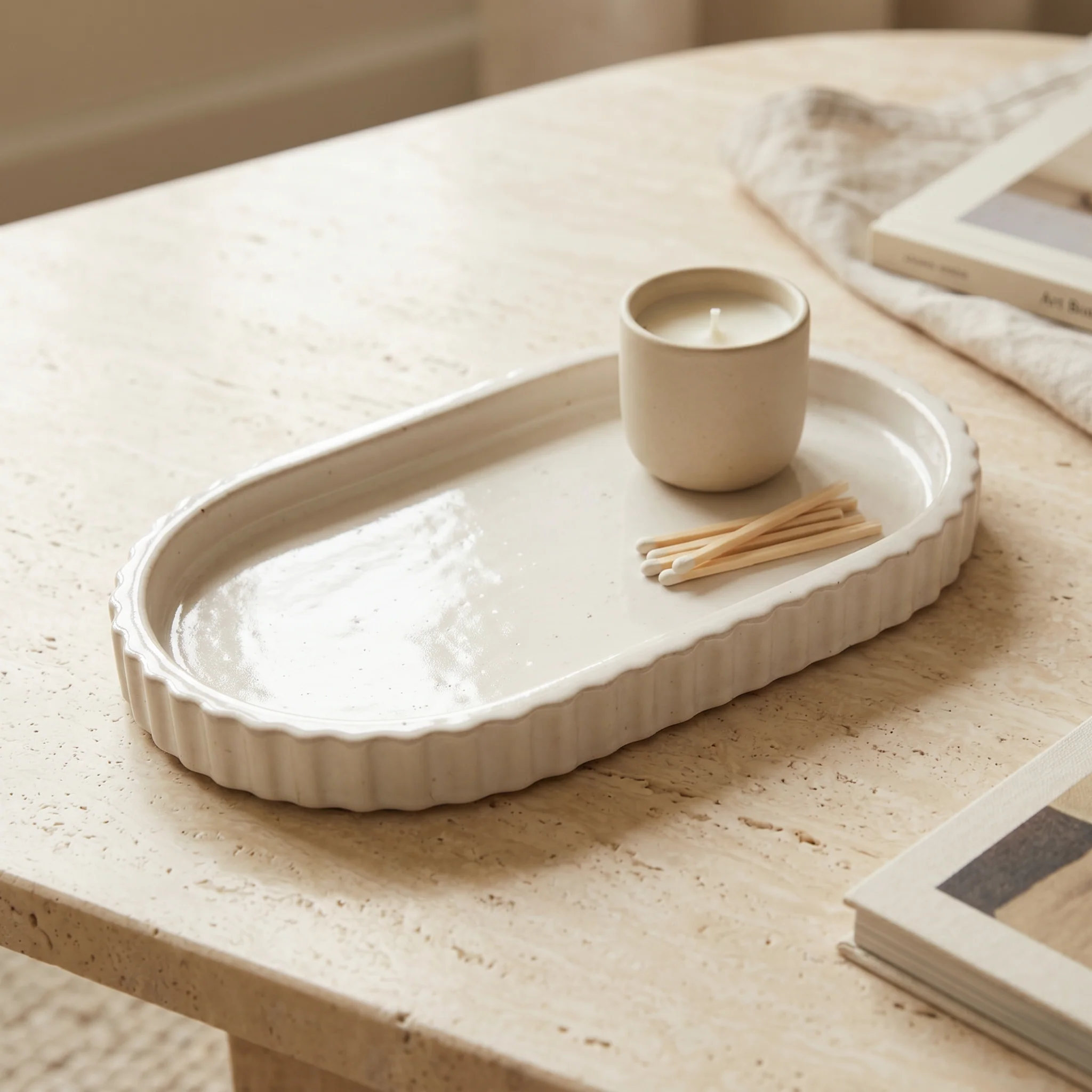 Recyclable Scalloped Oblong Catchall Tray Gypsum White 7 Reliable