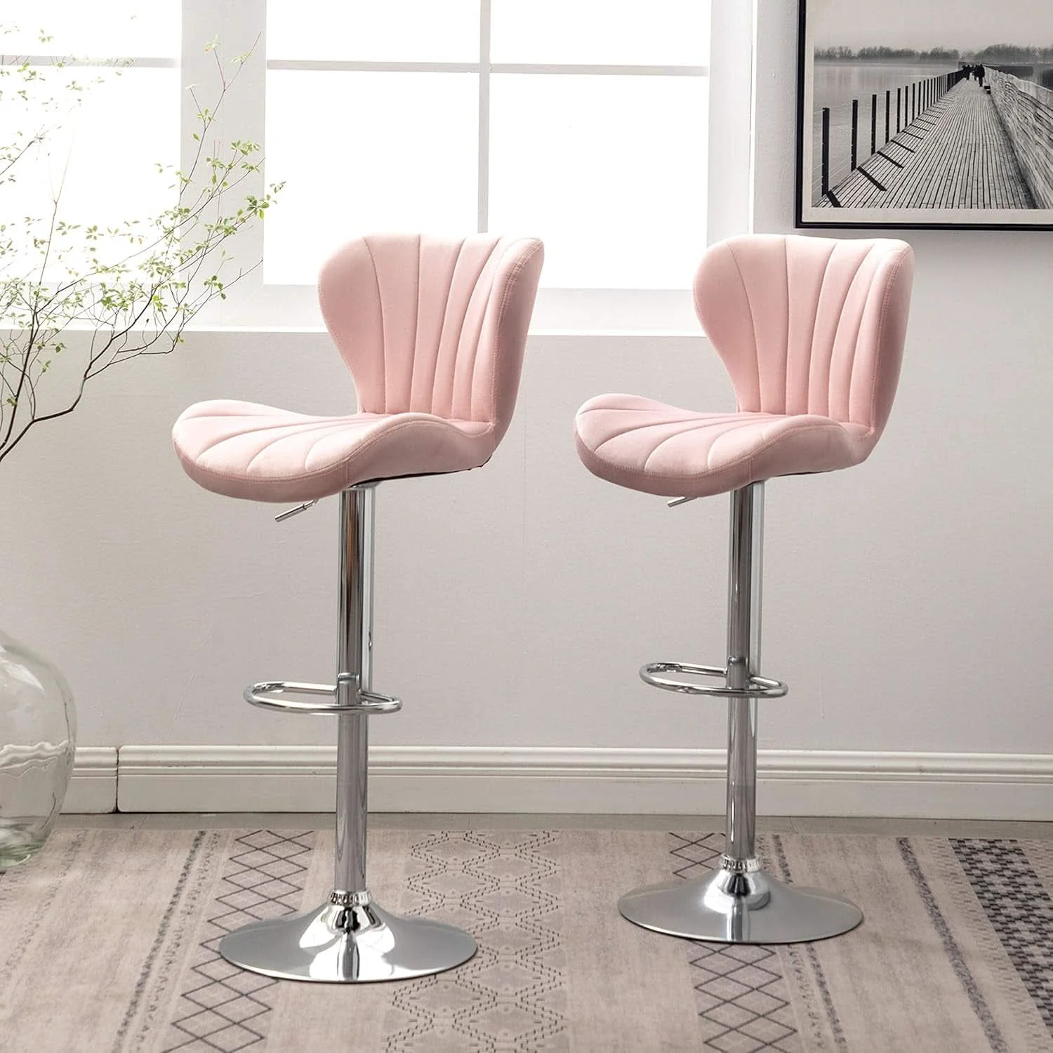 Sustainable Pink Velvet Adjustable Swivel Barstools Set Of Two Luxury