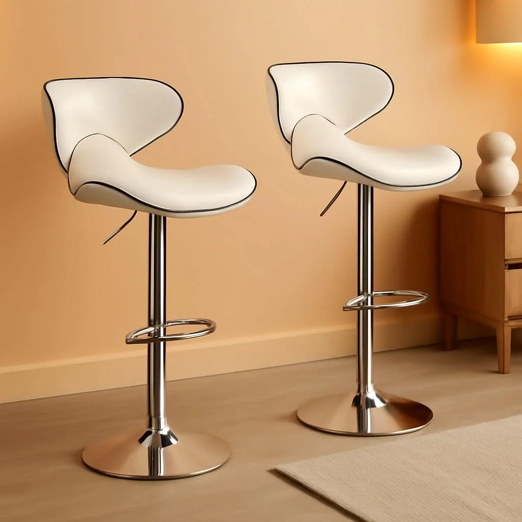 Pure White Cushioned Leatherette Barstool Set Of 2 Adjustable Height Swivel Functional