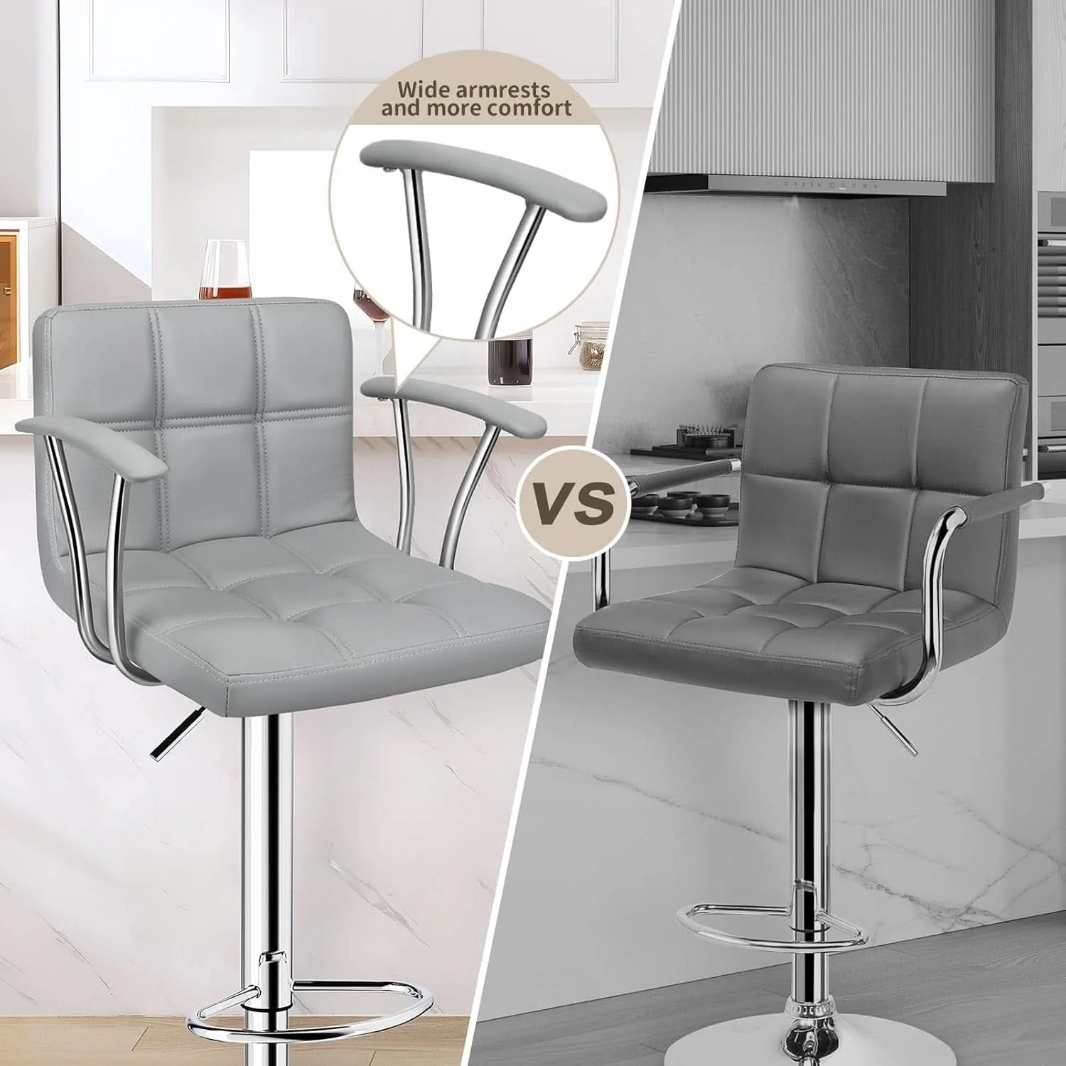 Original Design Counter Height Bar Stools Set 2 Armrest Swivel Leather Grey Smart