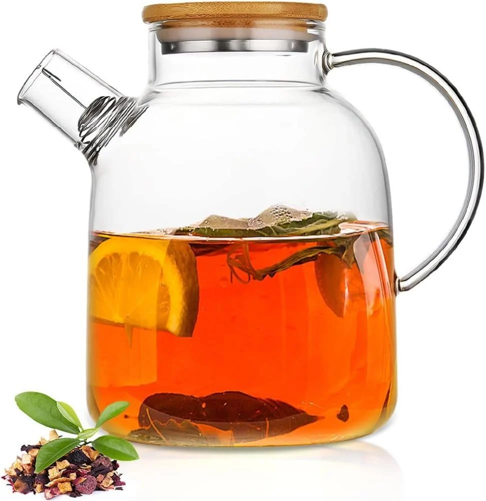 Fashionable 60.8oz Glass Teapot Stovetop Microwave Safe Glass Borosilicate Tea Pot Clear Teapot with Strainer Glass Tea Kettle with Wooden Lid Responsible