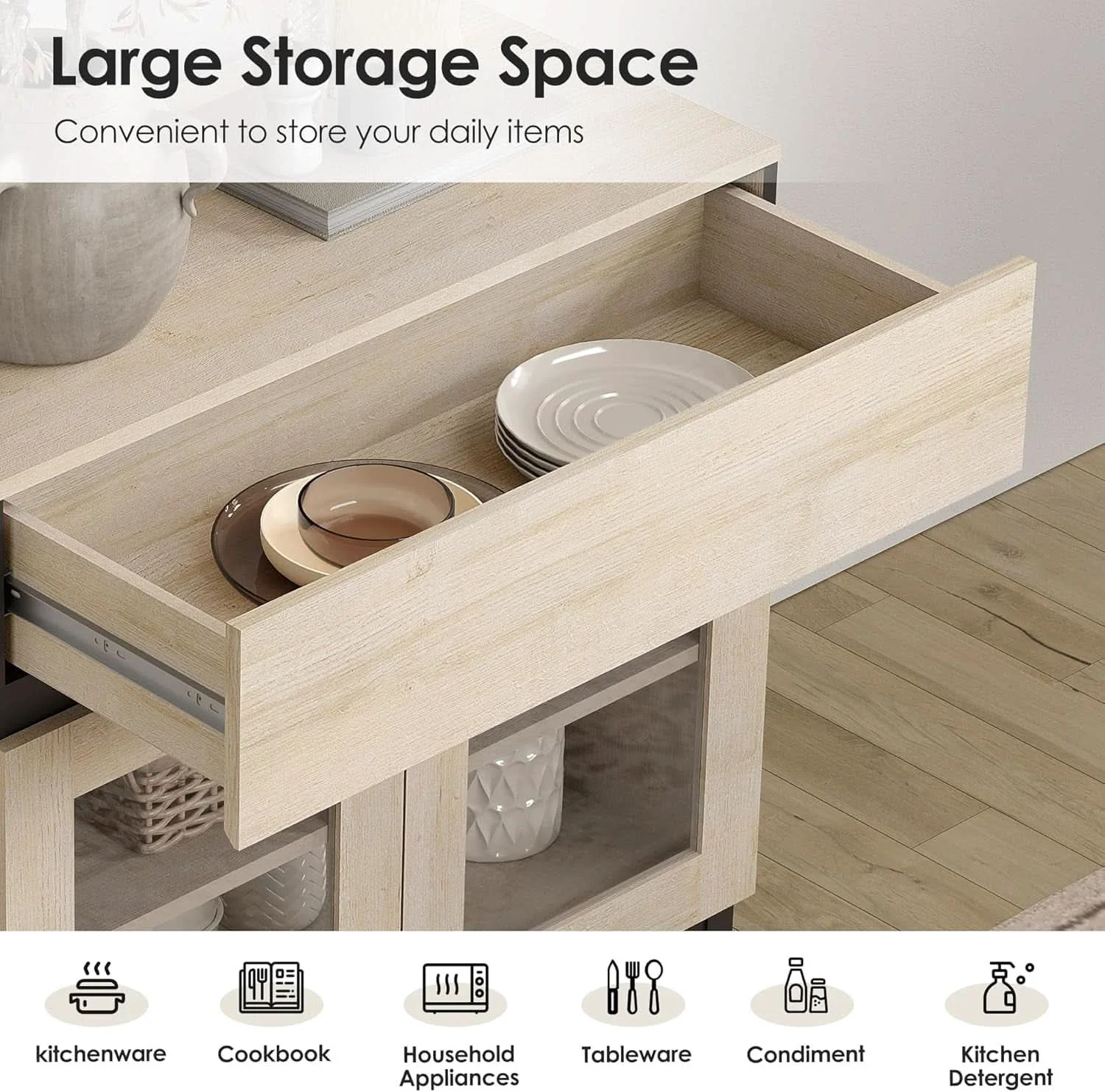 Fashionable Oak Sideboard Buffet With Glass Doors Light Finish Traditional