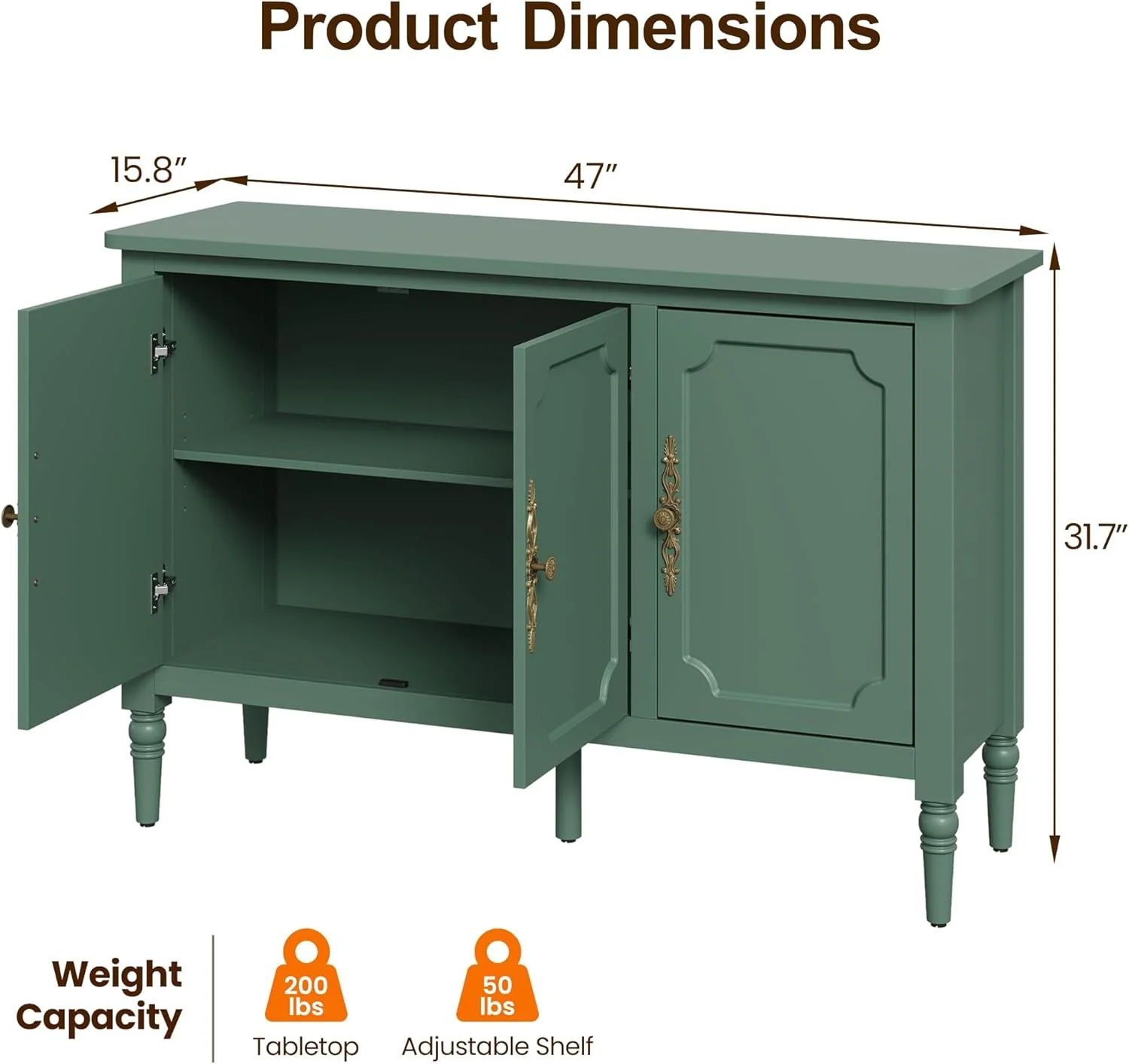 Casual Forest Green Buffet Sideboard With Adjustable Shelves Traditional