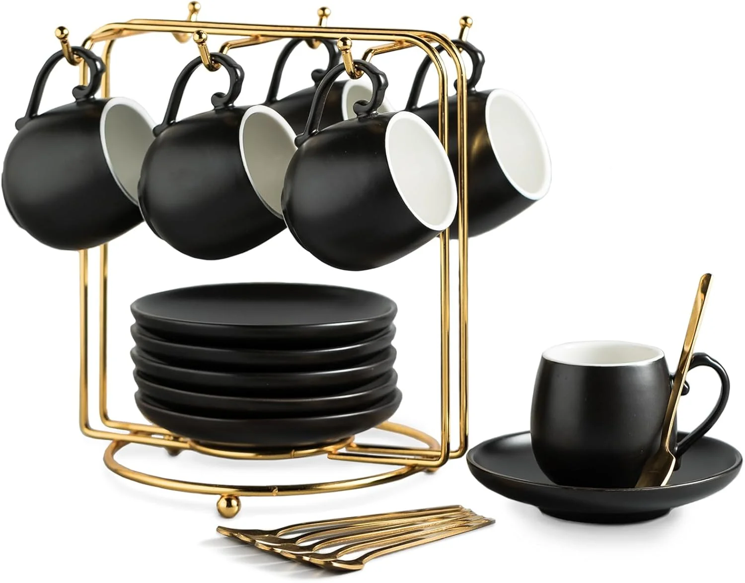 Original Lyeoboh Espresso Cups and Saucers Set Ceramic Coffee Cup 3 Ounces Small Demitasse Cups Espresso Mugs with Spoons Metal Stand for Cappuccino Latte Crafted