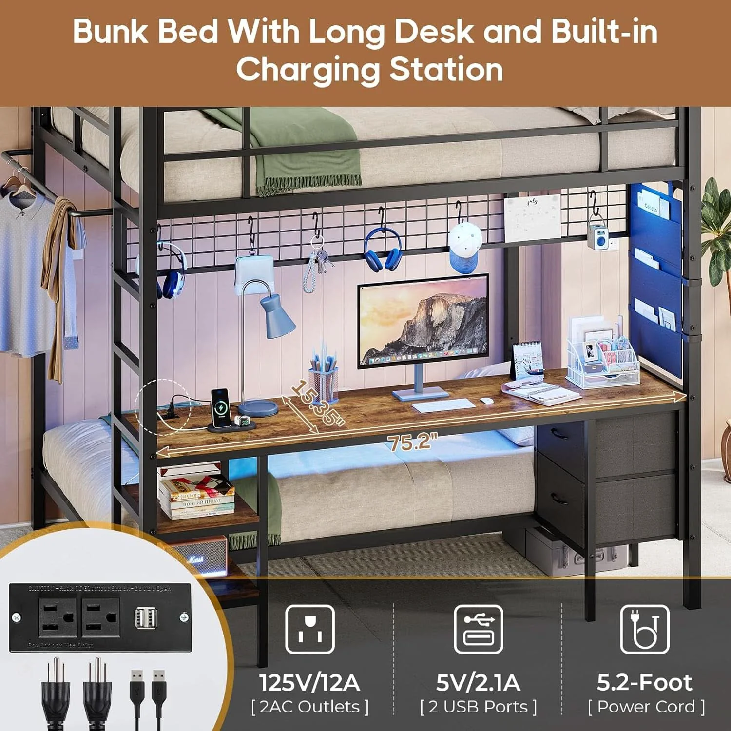 Secure Black Full Over Twin Metal Bunk Bed With Desk LED Lights Official