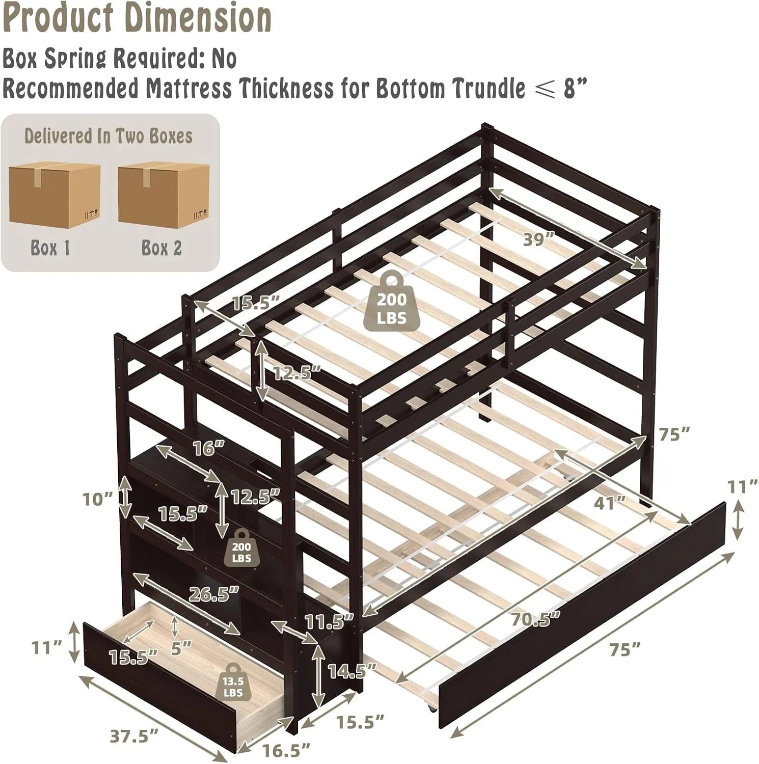 Advanced Espresso Solid wood Twin Bunk Bed With Trundle Storage Long-Lasting