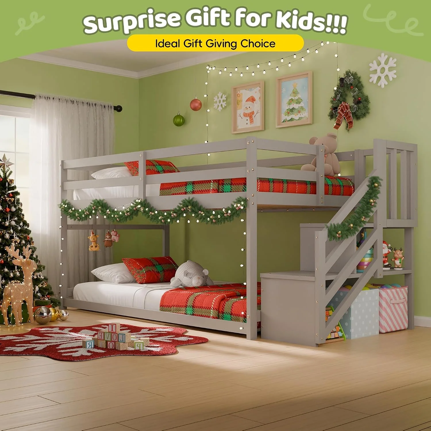 High-Grade Charcoal Gray Space Saving Twin Over Bunk Bed Staircase Fast