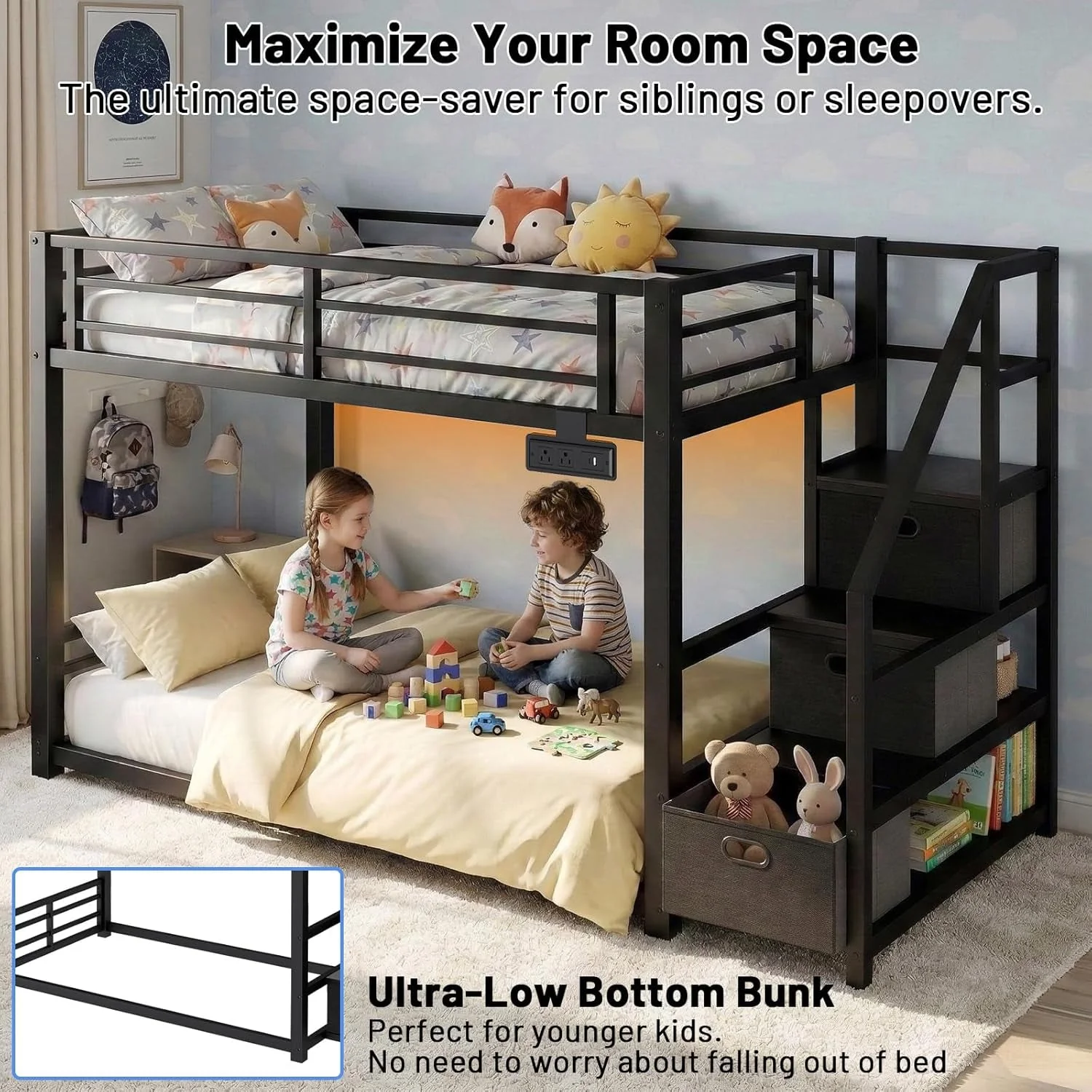 Quality Black Twin Over Twin Metal Bunk Bed Storage Drawers Stylish