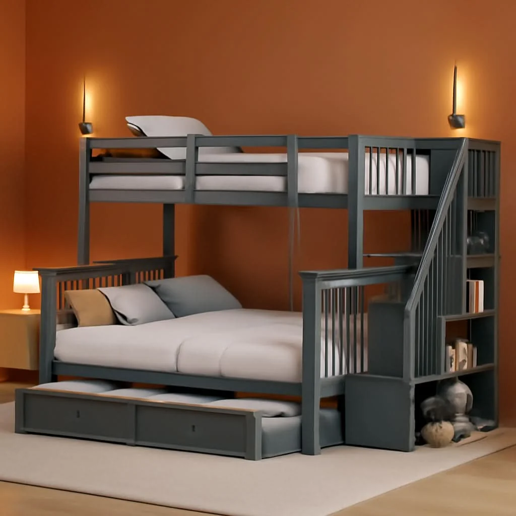 Fashionable Twin Over Full Bunk Bed With Trundle Storage Shelves Grey Efficient