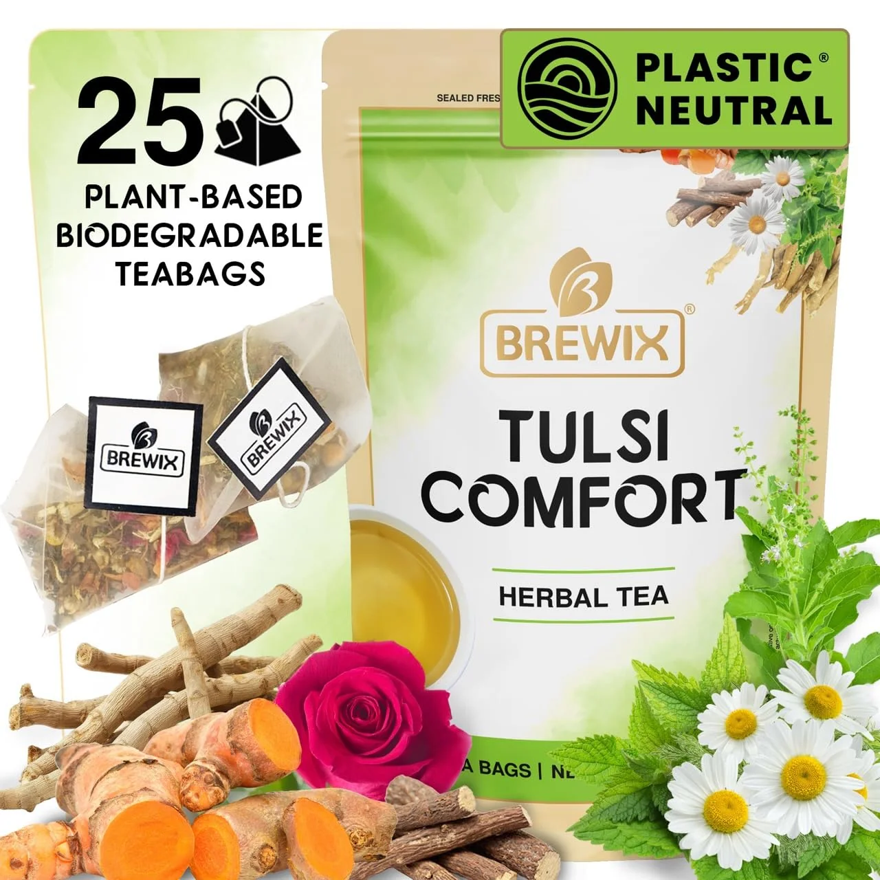 Durable Brewix Tulsi Holy Basil Tea Bags 25 Pyramid Bags Tulsi Leaves Holy Basil Chamomile Caffeine Herbal Tea Bags Calming Superior