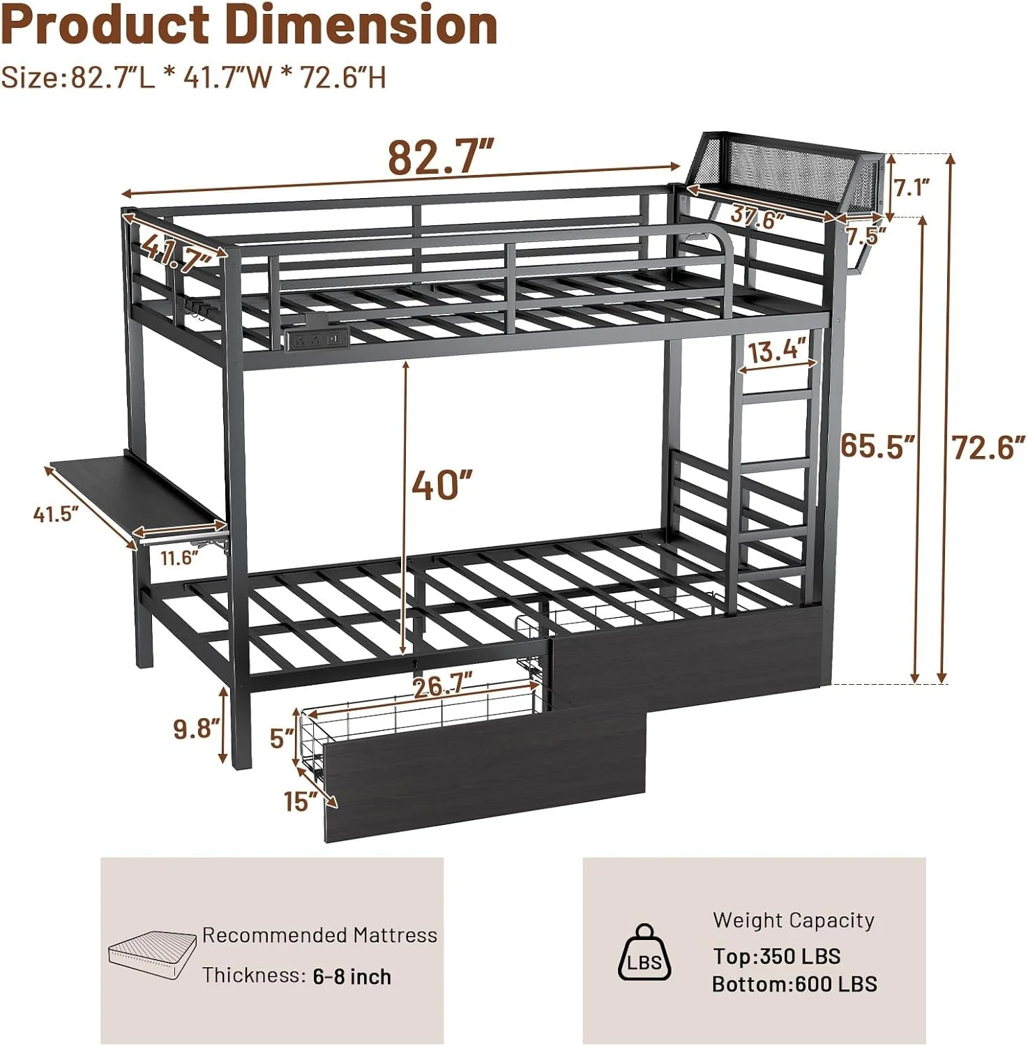 Eco-Friendly Black Twin XL Bunk Bed Foldaway Desk USB Charging Station Fine