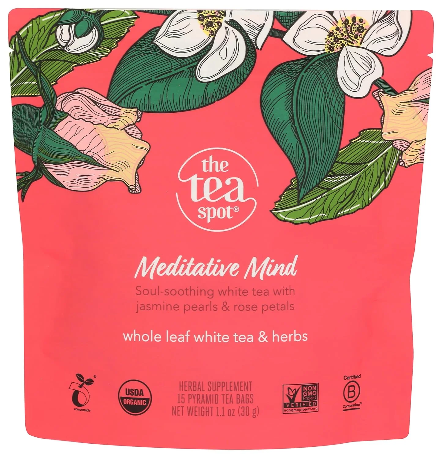 Natural The Tea Spot Organic Meditative Mind Herbal Tea Blend of White Tea Jasmine and Rose Calming Welness Caffeine Elixir Versatile