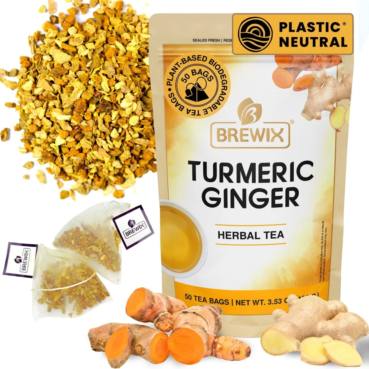 Premium Brewix Turmeric Ginger Herbal Tea Bags 50 Pyramid Tea Bags Caffeine- Ayurvedic Blend for Daily Wellness Immune Balance Proven